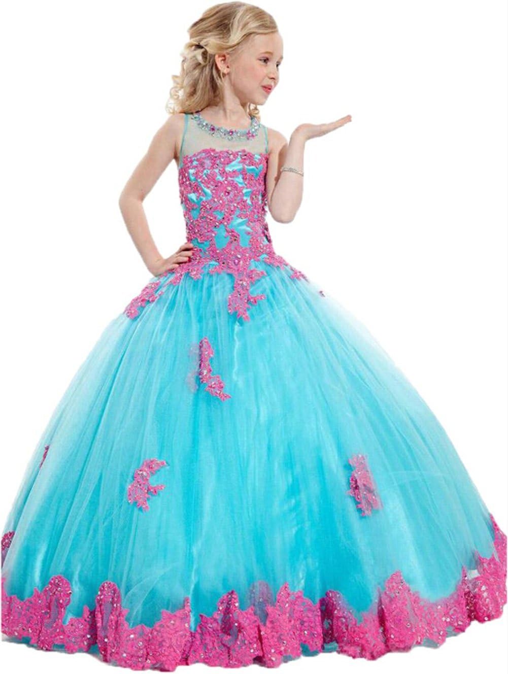 Baifenbailianren BFB Big Girls' Ball Gown Flower Appliques Wedding Pageant Dresses (6, Blue Pink)