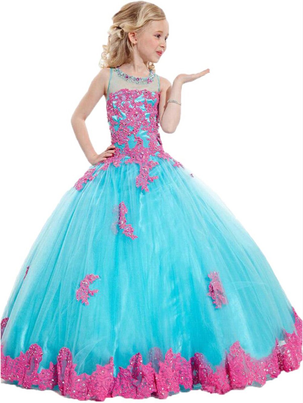 Baifenbailianren BFB Big Girls' Ball Gown Flower Appliques Wedding Pageant Dresses (6, Blue Pink)