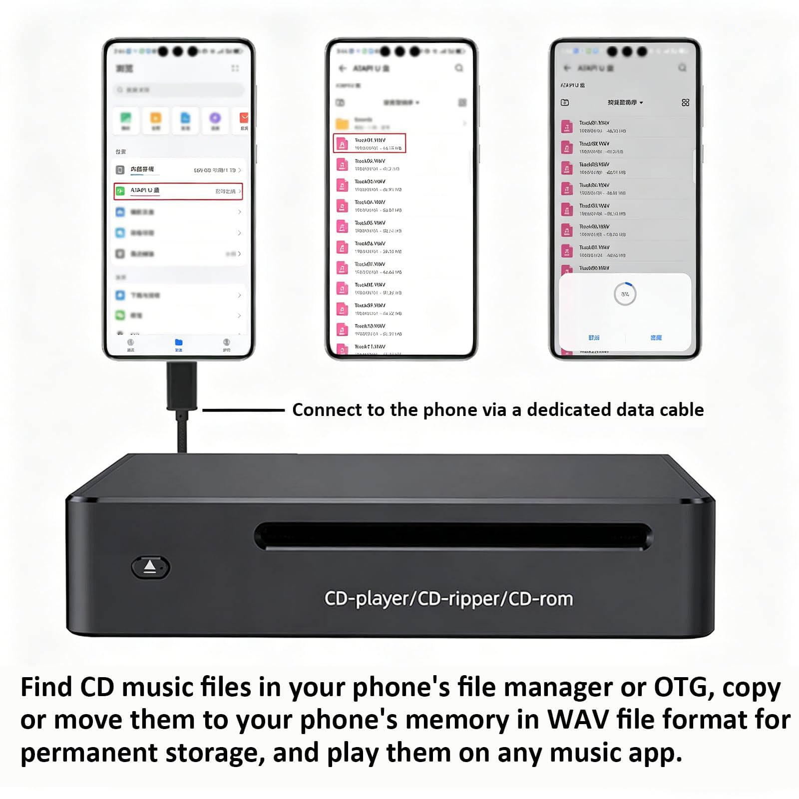 Lettore CD Portatile, Digitalizzatore Audio Automatico per La Conversione di CD in File Wav Senza Perdita di qualità, con unità Flash USB per La Raccolta Musicale Domestica E Il Backup Audio