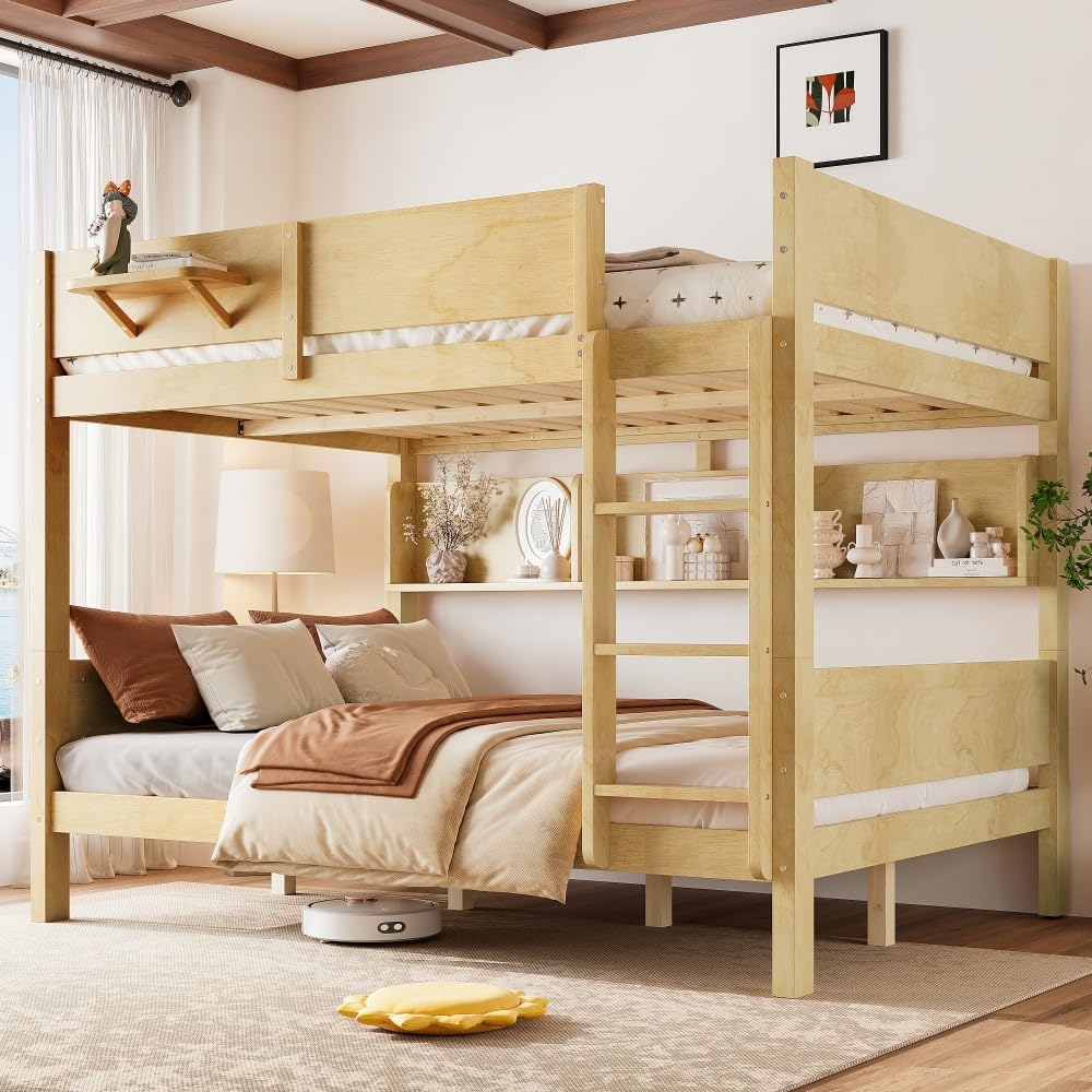 KANGYINGLE Queen Over Queen Bunk Bed with Storage Shelves and Built-in Tray, Solid Wood, 83.46" L x 63.3" W x 61" H (Natural)