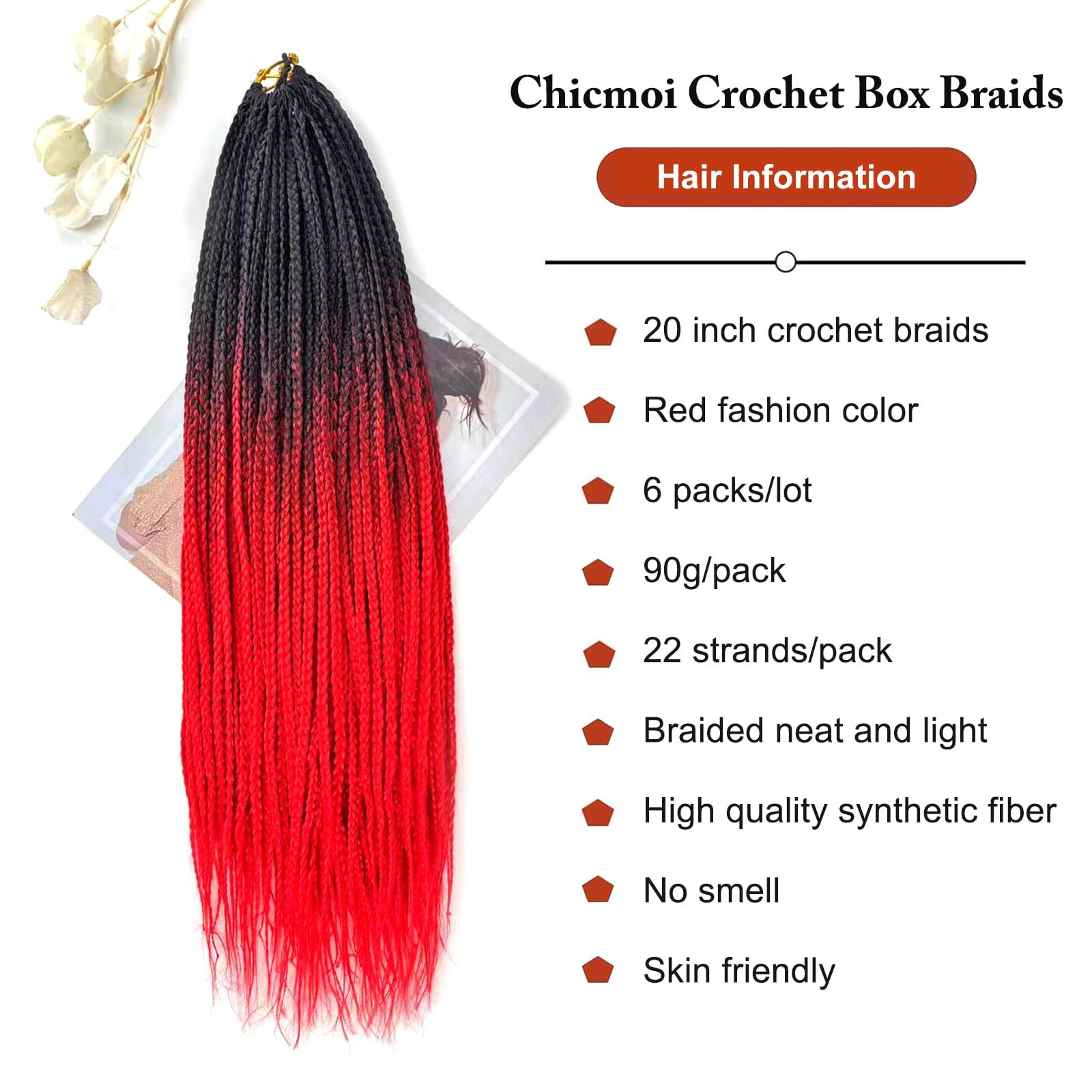 Trenzas de ganchillo color rojo degradado, preenlazadas, 50,8 cm, T1B/rojo, para mujeres africanas, niñas, 6 paquetes de extensiones de trenzas de ganchillo de tamaño pequeño (negro a rojo, 20