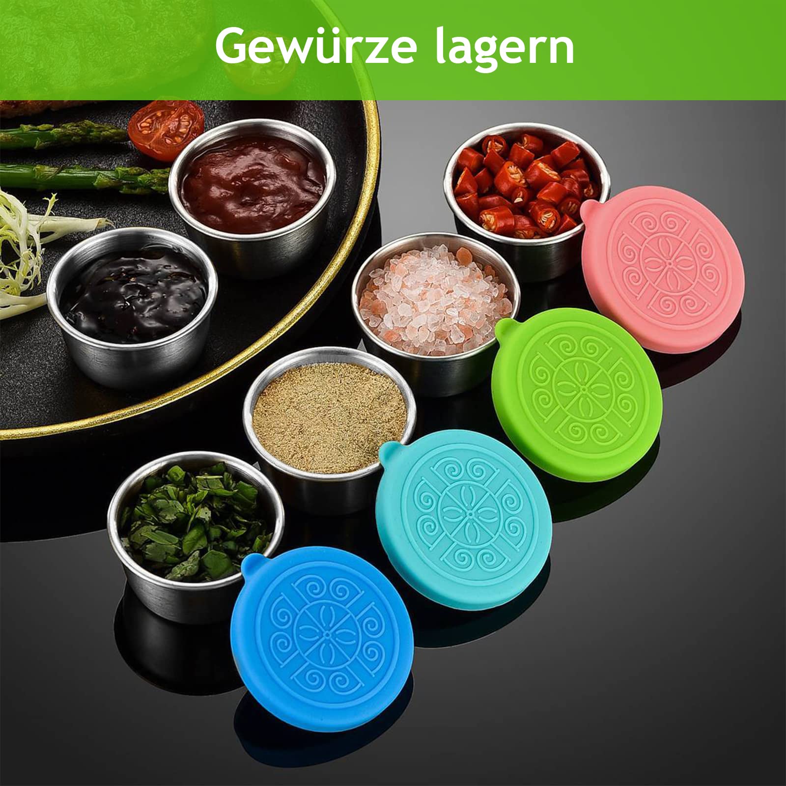 Set 5 Contenitori Condimenti In Acciaio Inox 50ml - Con Coperchi Silicone, Riutilizzabili - Foto 3