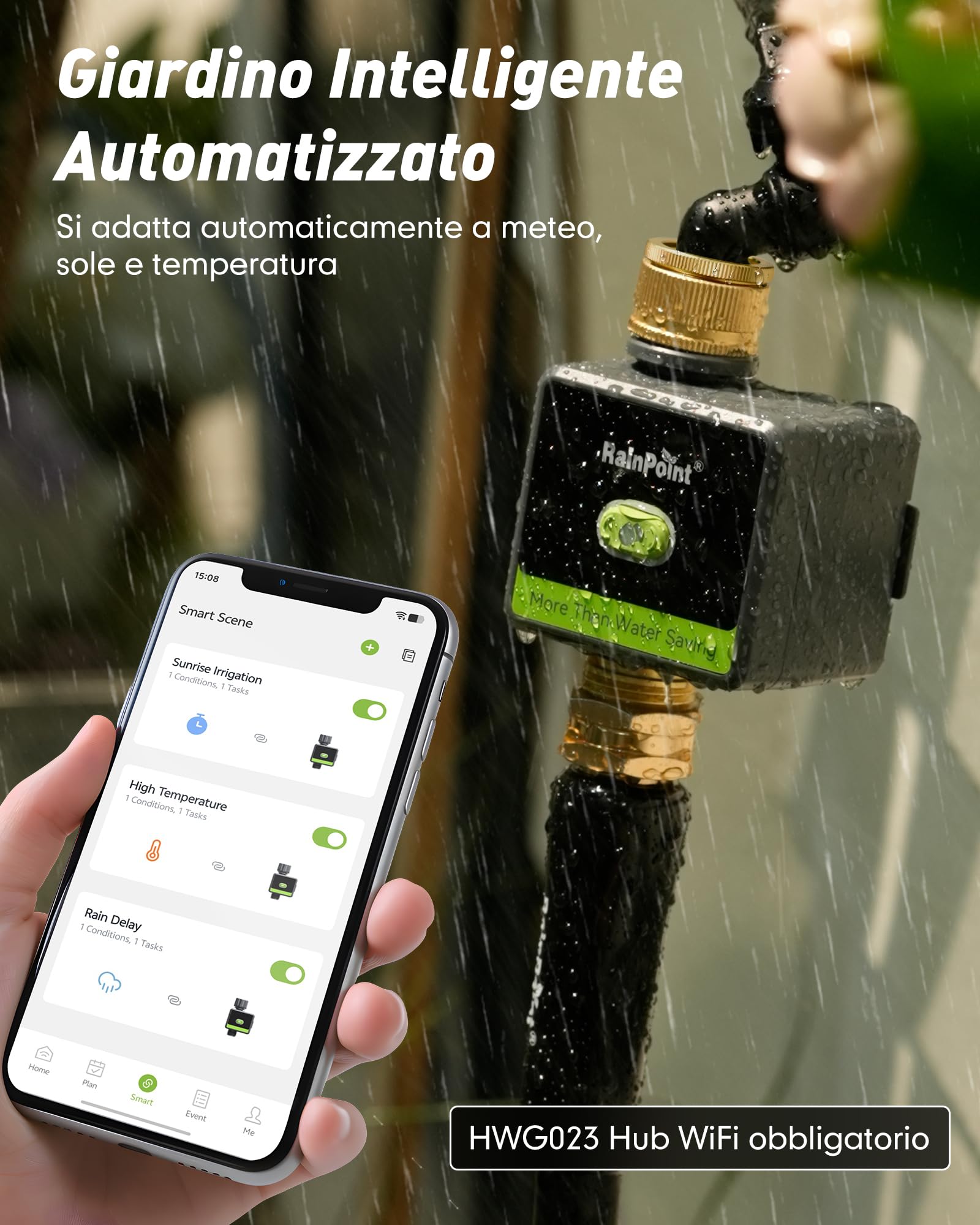 RAINPOINT Centralina Irrigazione WiFi, Computer Irrigazione Smart con Entrata e Uscita in Ottone per Giardino e Prato (Gateway Non Incluso)