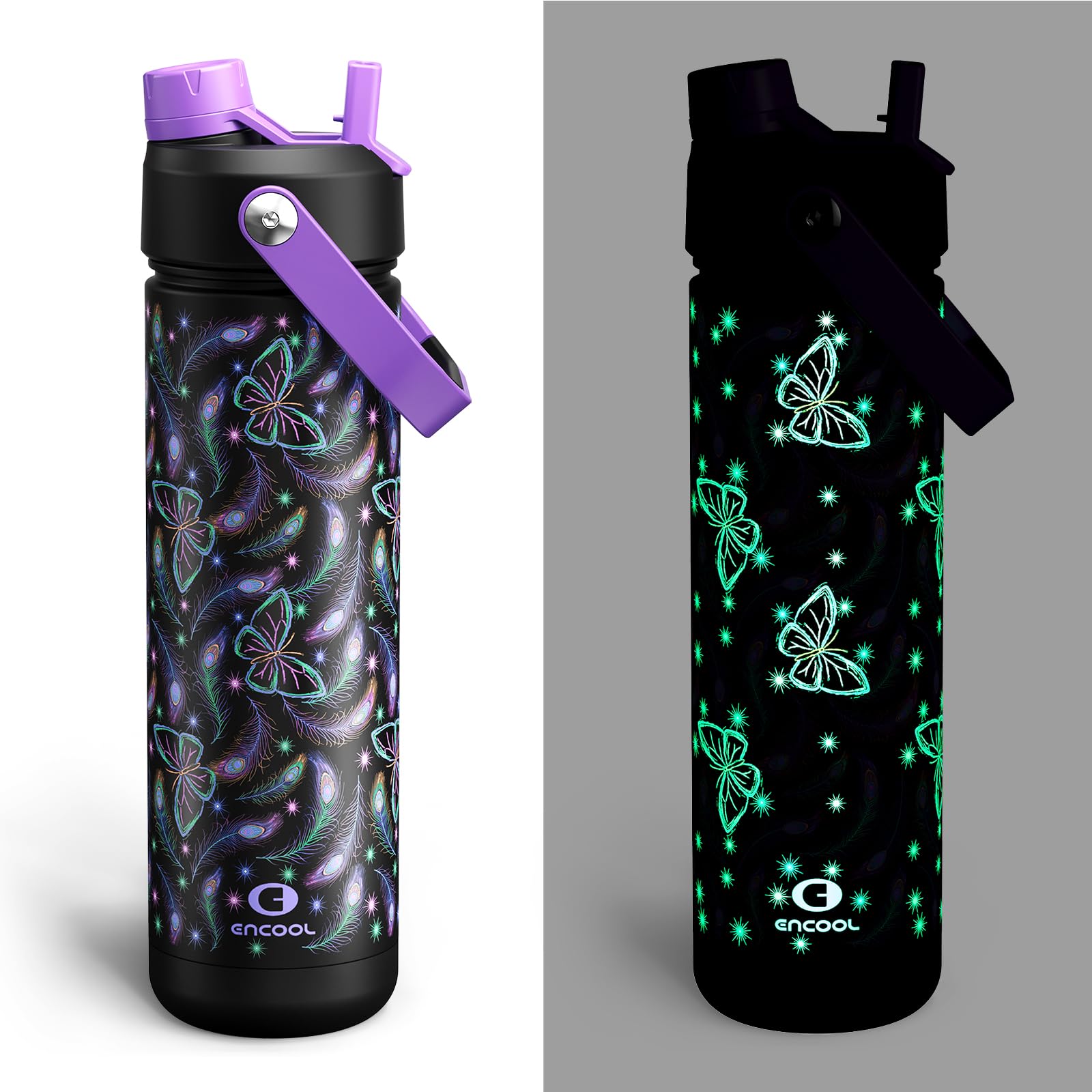 ENCOOL Insulated Water Bottle with Straw Stainless Steel Water Bottle, Glow in the Dark, Leak-Proof, BPA-Free, Keeps Cold for 24 Hours for Sports, Travel, School (26 oz, Midnight Butterfly)