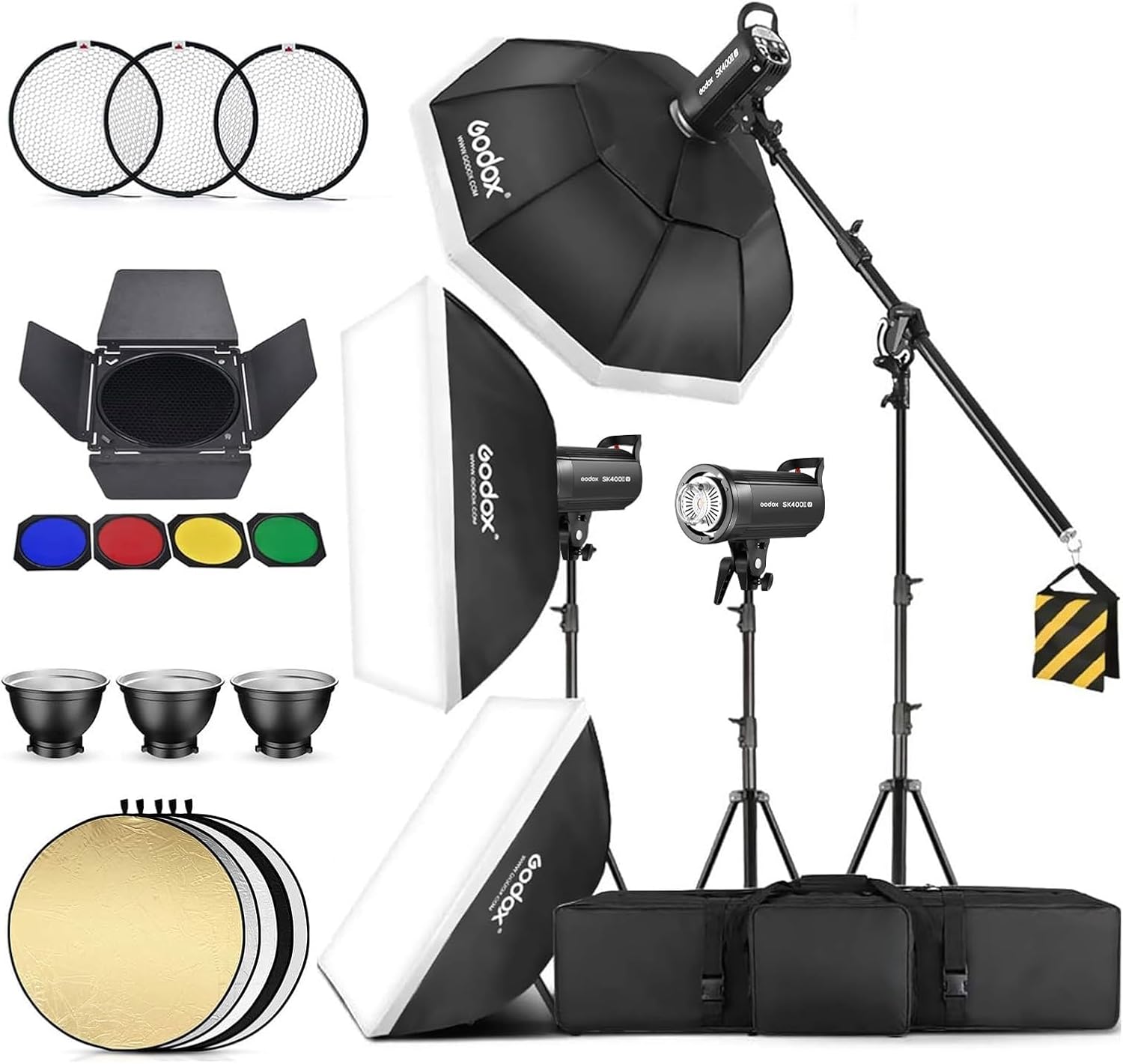 Godox 3 Pack SK400IIV 1200Ws 2.4G Speedlite Studio Flash Strobe Monolight Bowens Mount Kit for Studio Shooting, Location, Portrait Photography with Softbox, Light Stand, Barn Door Kit, Carrying Case