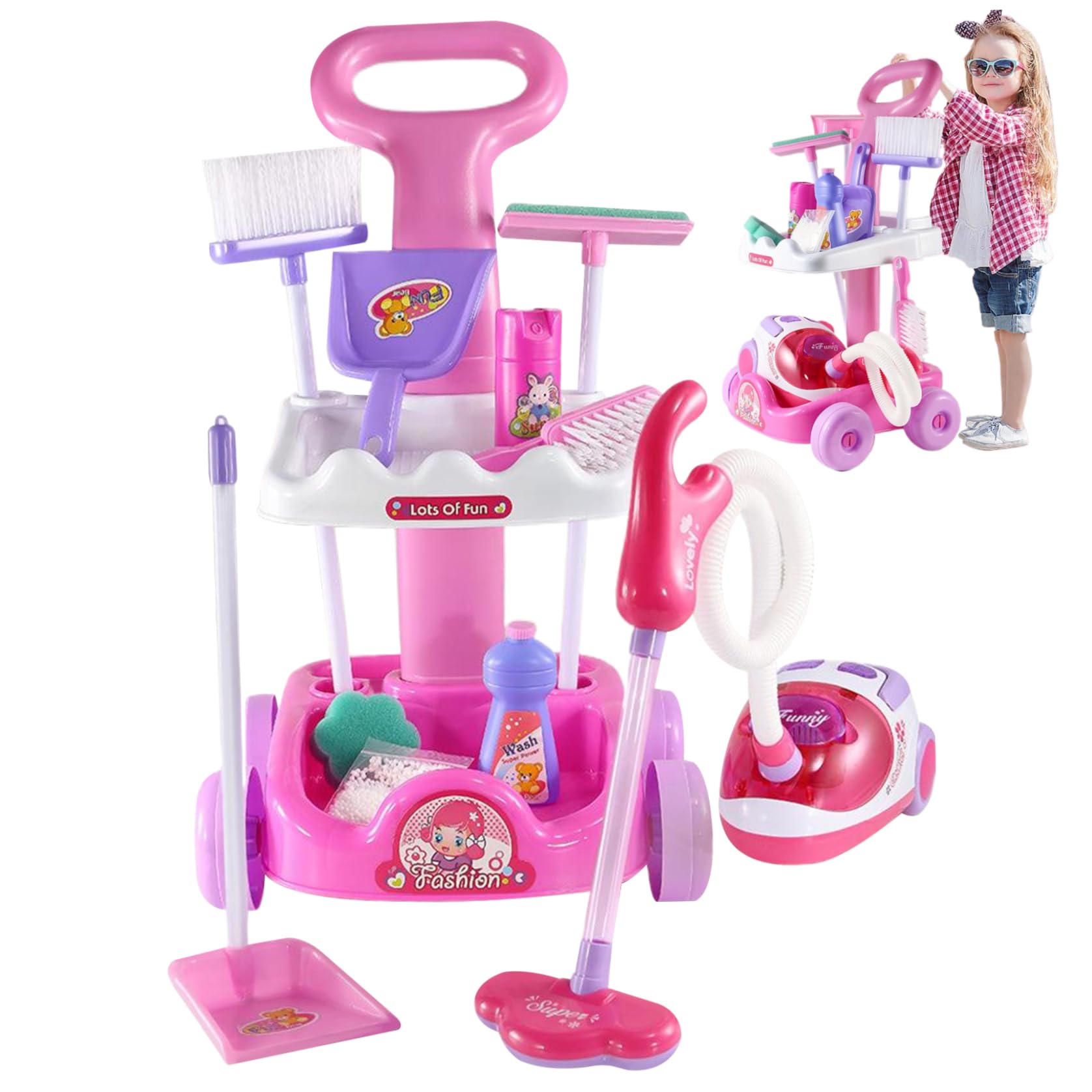 Set di Pulizia per Bambini Carrello di Pulizia per Giochi di Ruolo Set di educativo per Bambini con aspirapolvere funzionante, Scopa, Bottiglia Spray e Altro per 1-3