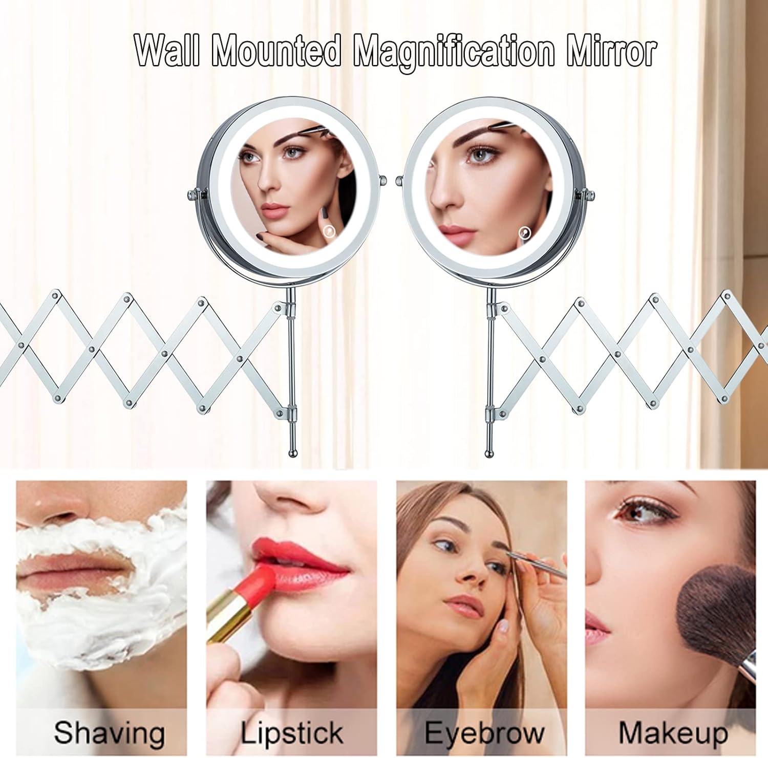 Makeup Mirror with Light, 7" Round Extendable Mirror Wall Mounted Magnifying Mirror Double-Sided Bathroom Shaving Mirror 360° Swivel Vanity Mirror, for Bathrrom, Charge by USB