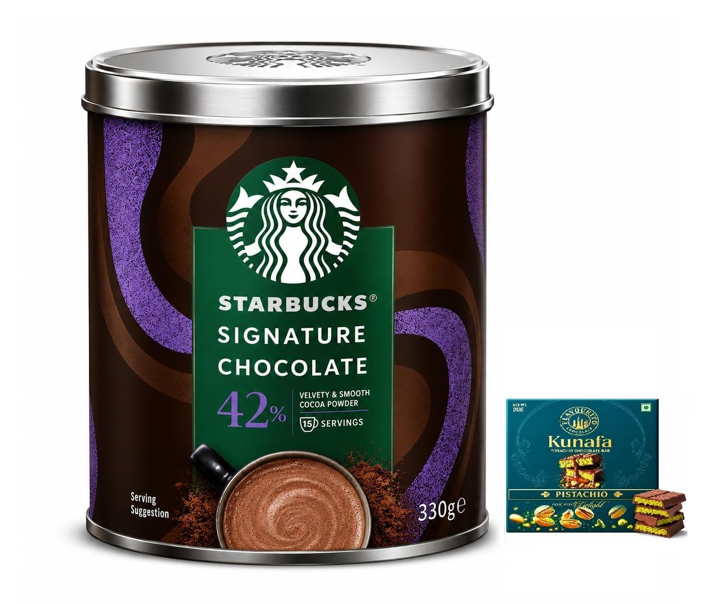 Starbuckk Signature Chocolate 42% Velvety &Smooth Cocoa Powder TIN 330g with Free Flavourito Kunafa Pistachio Chocolate Bar, 20g By Decadent Foods-image-45