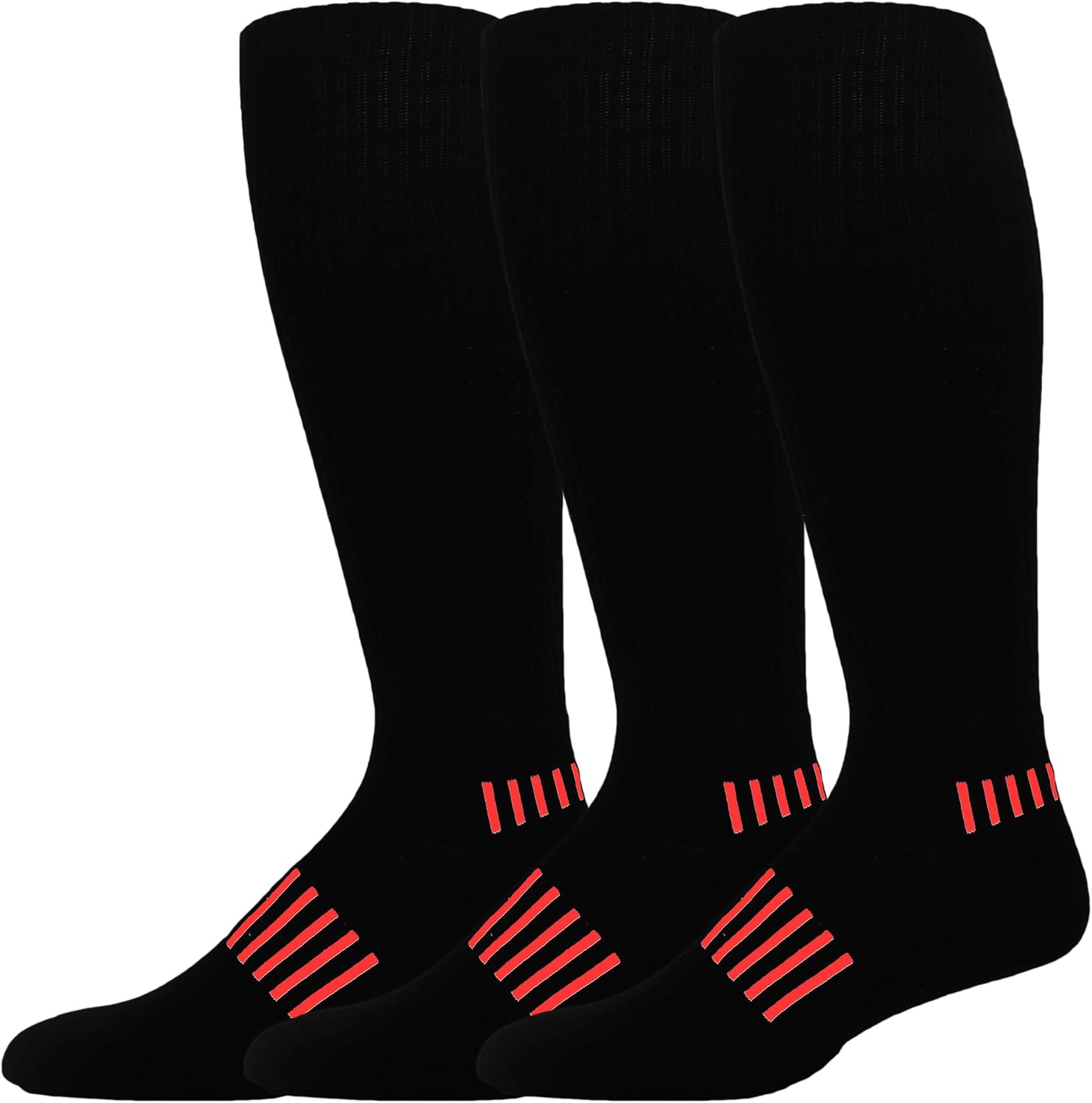 MOXY Soccer Socks 3 Pack, Black Knee High Athletic Socks with Red Accents, Over the Calf Team Sports Socks for Soccer, Football, Baseball, Training, Shin Guard Wear