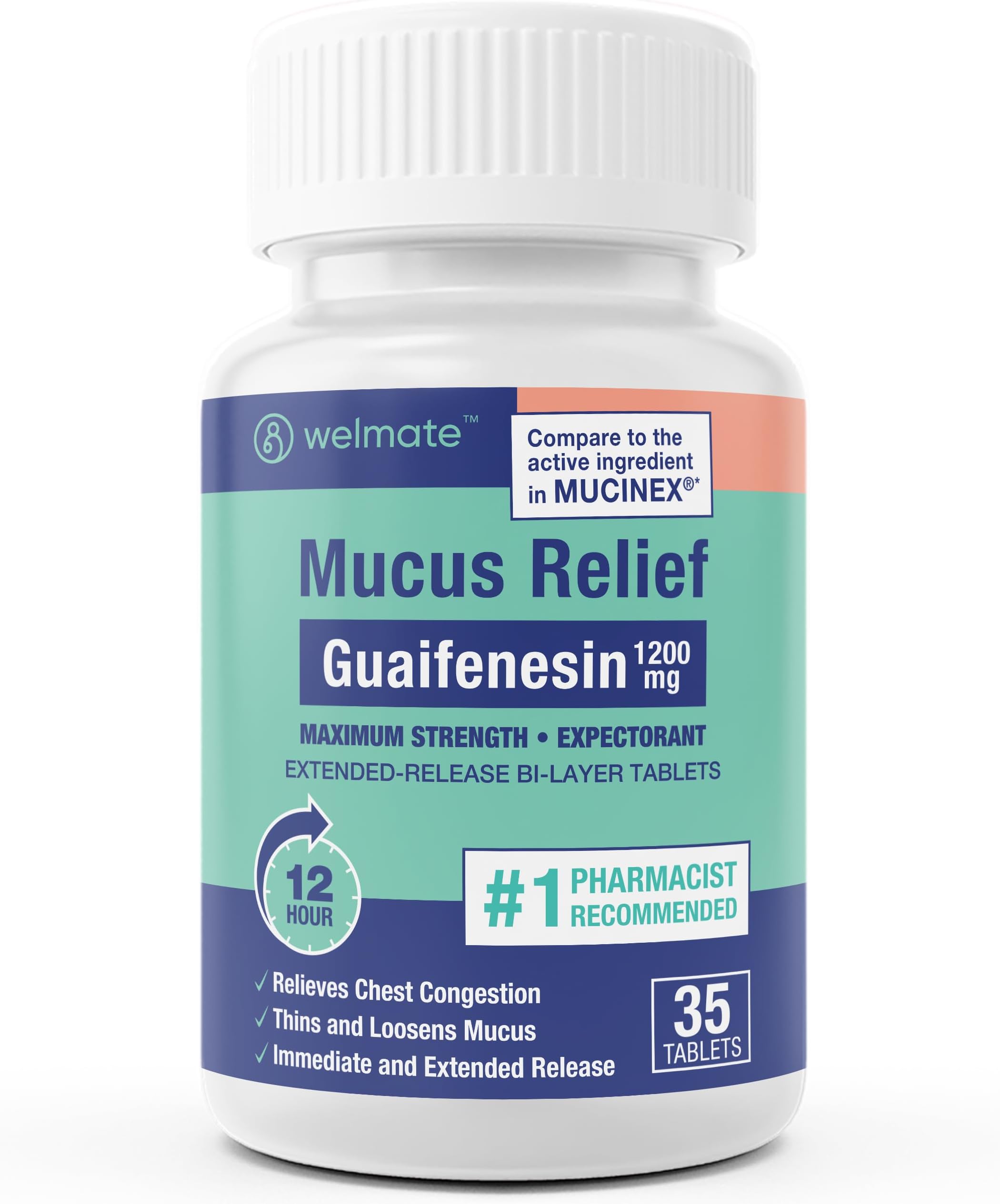 Guaifenesin 1200mg (35 Tablets) - Mucus Relief - Expectorant - Cough & Cold - 12 Hr Support - Extended-Release Bi-Layer Tablets - Over-The-Counter Medication