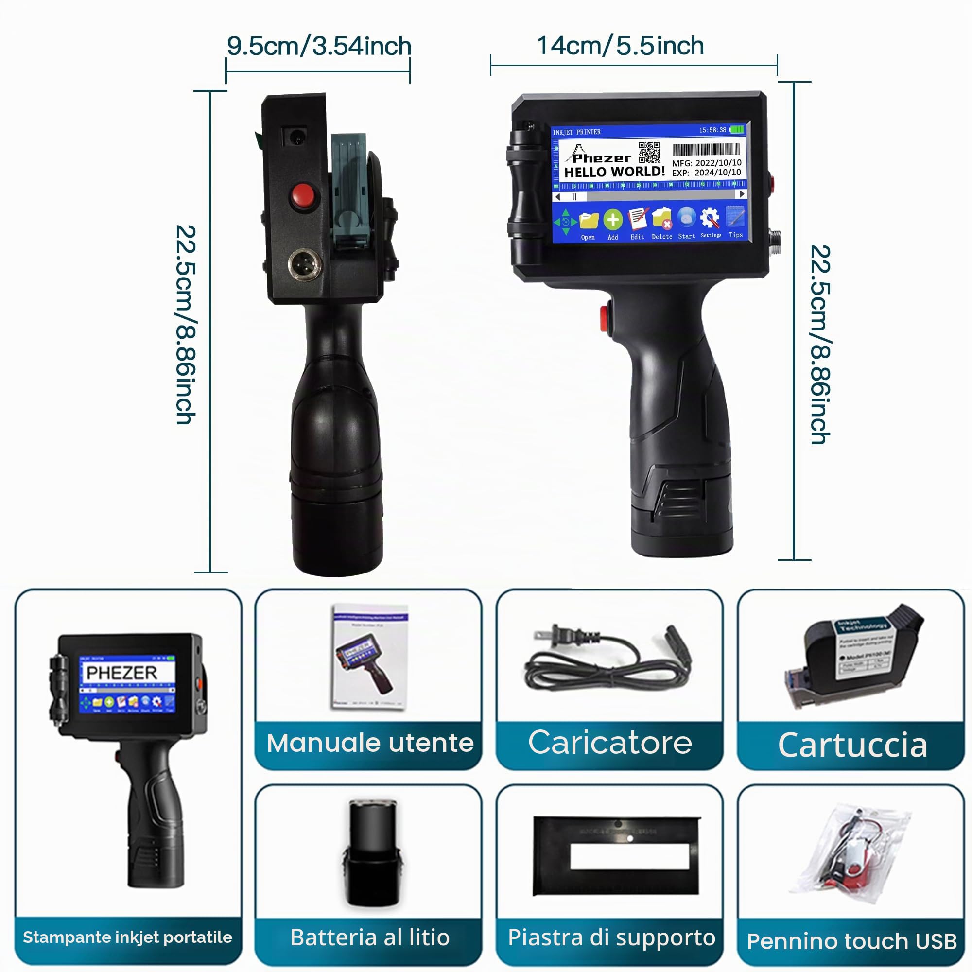 Phezer P15 stampante a getto d'inchiostro portatile per qualsiasi superficie. Ugello 0,5" per stampa QR, codice a barre, lotto, logo su vetro, plastica, cartone. Supporta 25 lingue.