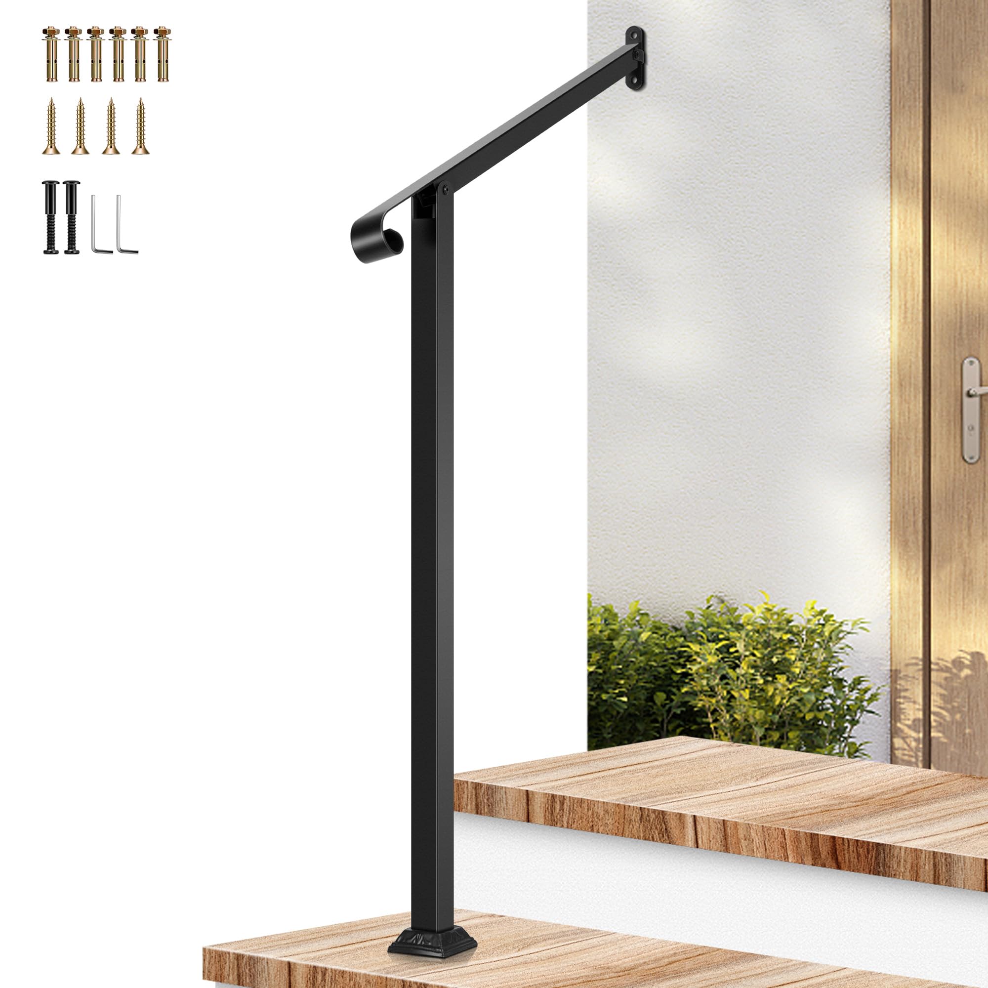 VIVOSUN 2-Step Stair Handrail 32"x39" Wrought Iron with 1 Curved End Black