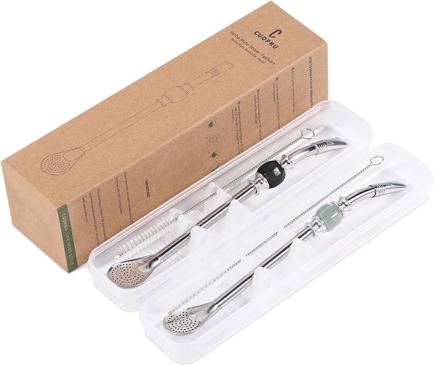 Yerba Mate Bombillas Set - Included Mate Gourd Stainless Steel Straws with Straw Case, Removable Head Filter, Colorful Bead, Cleaning Brush (Black and Gray)