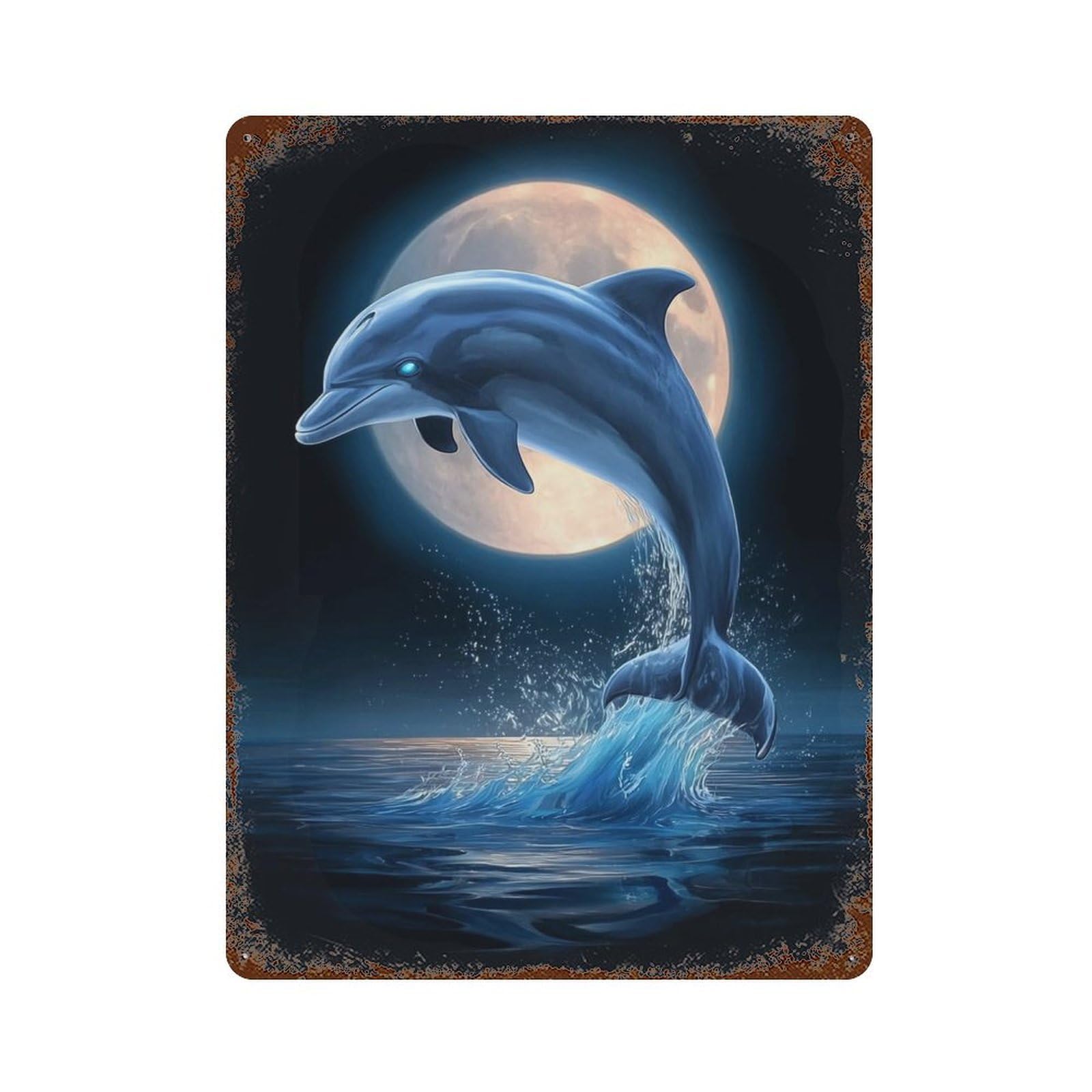 Moonlit Dolphin Dance Rusty Metal Tin Sign 15.7"x11.8", Old School Wall Decor for Garage, Pub Or Kitchen