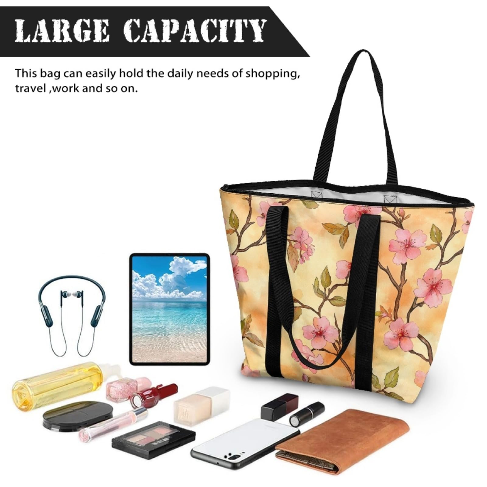 Tote Bag Tela Bolsas de Tela Poliéster Bolso de Mano de Mujer Reutilizable Bolsa Compra Plegable Tote Bag Cremallera Bolso Viaje Duradero Totebag