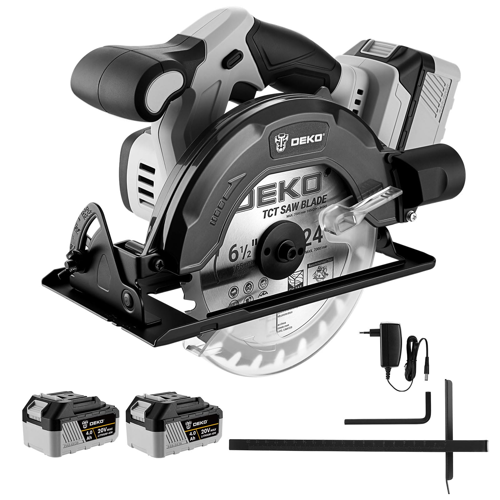 Sierra Circular Bateria: DEKOPRO 20V Sierra Circular, 4500 RPM, Hoja de Sierra Ø165mm(24T), Profundidad Máxima de Corte 55mm (90°), 33mm (45°), Ideal para Cortar Madera (2 Baterías de 4,0Ah incluidos)