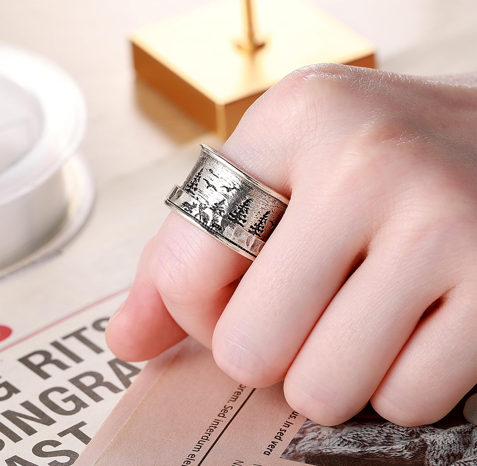 BONLAVIE Spinner Ring Damen, Lebensbaum/Drei Bären und Kiefern/Drei Hirsch und Kiefern Ring Silber 925, Breiter Band Ring, Anxiety Ring, Silberring 925 Damen, Vintage Ring Damen, Ringe Frauen