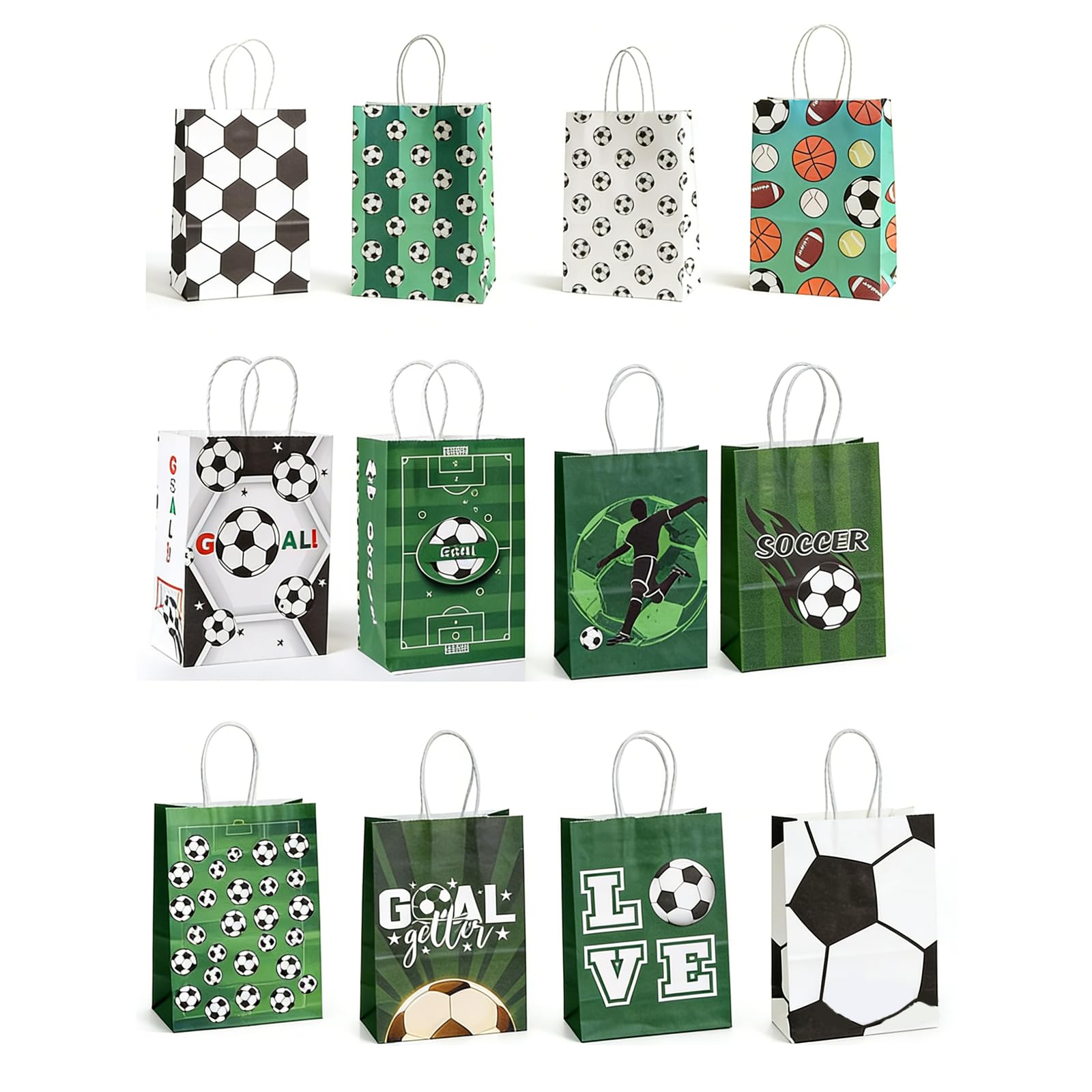 24 Pcs Football Party Bags, Green Paper Treat Sacks with Handles