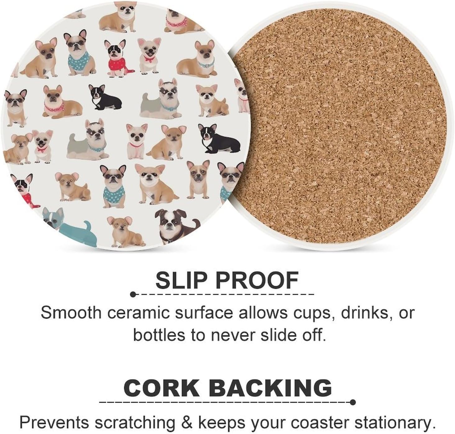 Cute Chihuahua Pug Pattern Coaster with Cork Base Drink Coasters for Coffee Table Decor Modern Cup Coasters with Non-Slip & Heat-Resistant Cute Ceramic Table Coaster for Home Dining