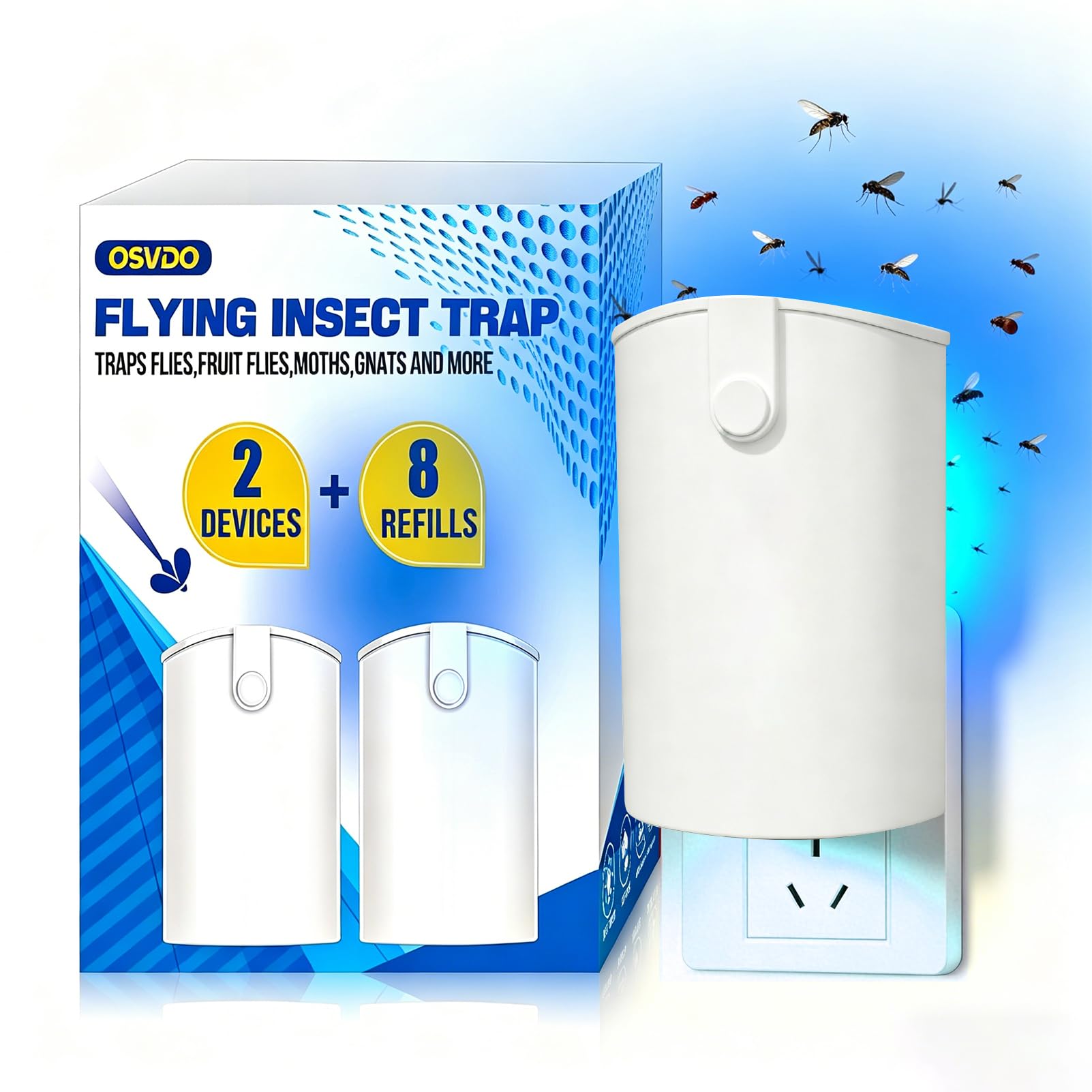 Trampa para moscas de la fruta y mosquitos domésticos con luz UV y 8 repuestos adhesivos