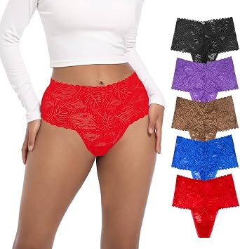 High Waisted Lace Thongs Panties For Women Plus Size Retro Thong High Rise Lacy Underwear Pack 5 Size S-4XL