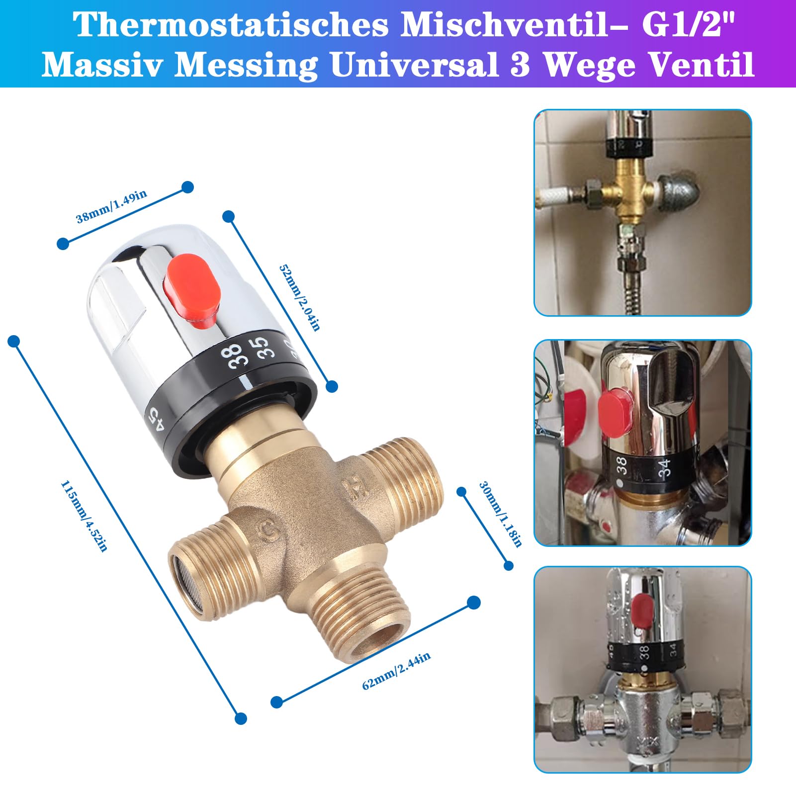 Thermostat Mischventil, 3 Wege Solid Messing Thermostatmischer, G1/2 Thermostatisches Mischventil 11,67 L/Min Durchfluss für Duschsystem Badezimmer Rohr Becken Warmwasser