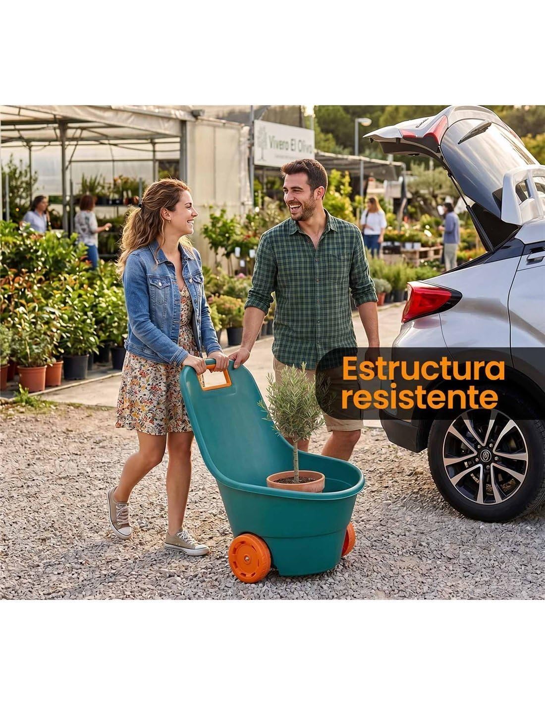 JARDIN202 - Carrito Multiusos de 68 litros Verde/Naranja Jardín, Recolección y Transporte, PVC de Alta Resistencia | 68 litros