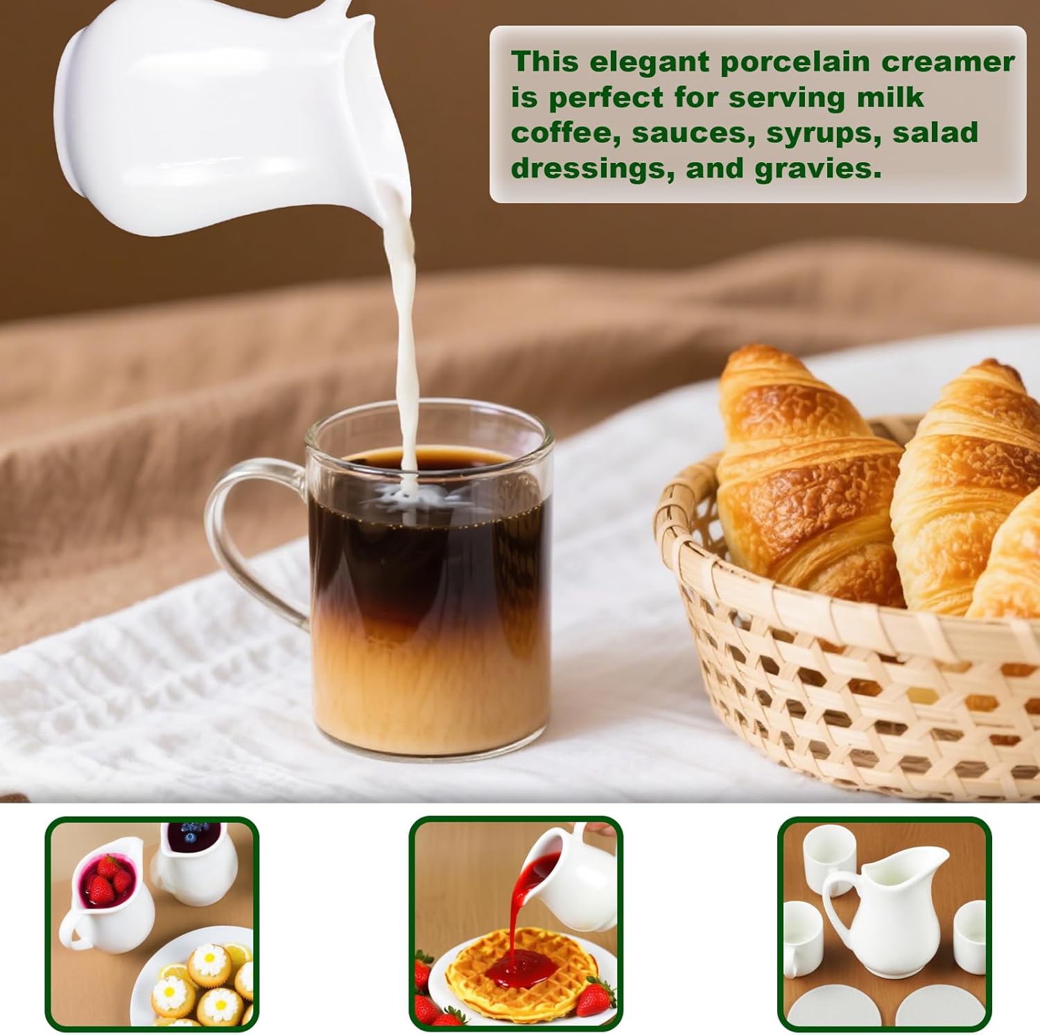 16 Pcs 4.5 oz Small Creamer Milk Pitcher with Handle Classic Porcelain Maple Syrup Container White Ceramic Dairy Dispenser for Microwave Coffee Salad Sauce
