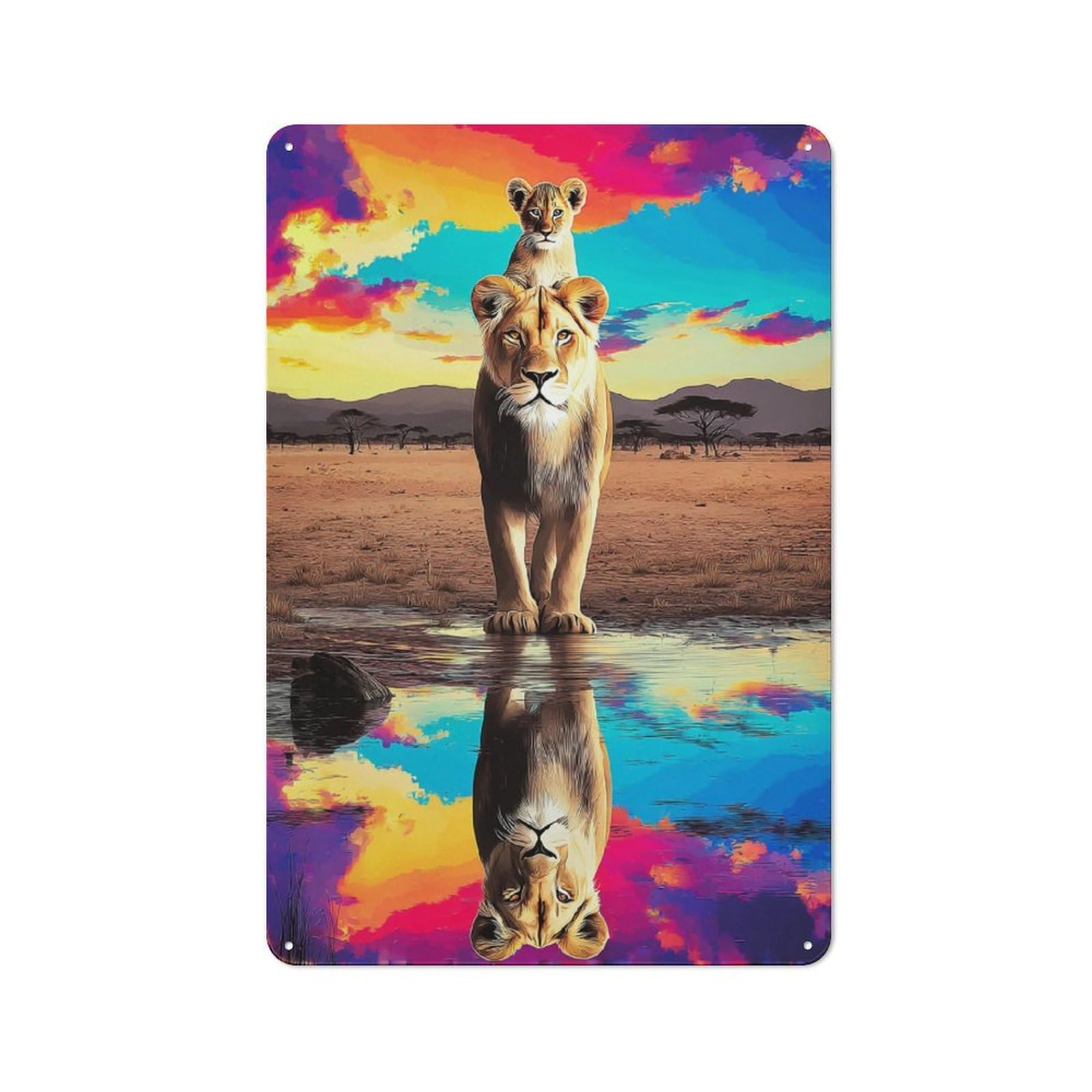 Junmoney Lioness And Cub At Sunset Retro Tin Sign 30X20cm For Home Office Or Studio, Suited To Home Office Decor Fans