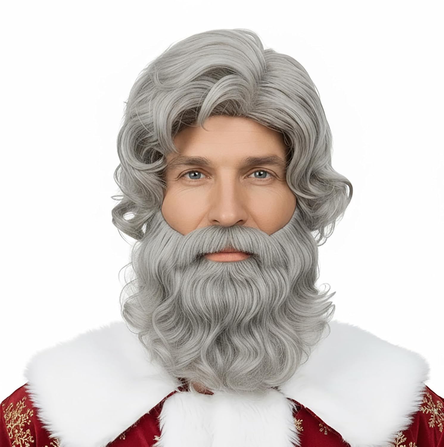 Men's Grey Short Wig and Beard Set Christmas and Carnival Party Wig(Gray/Short Frizz)