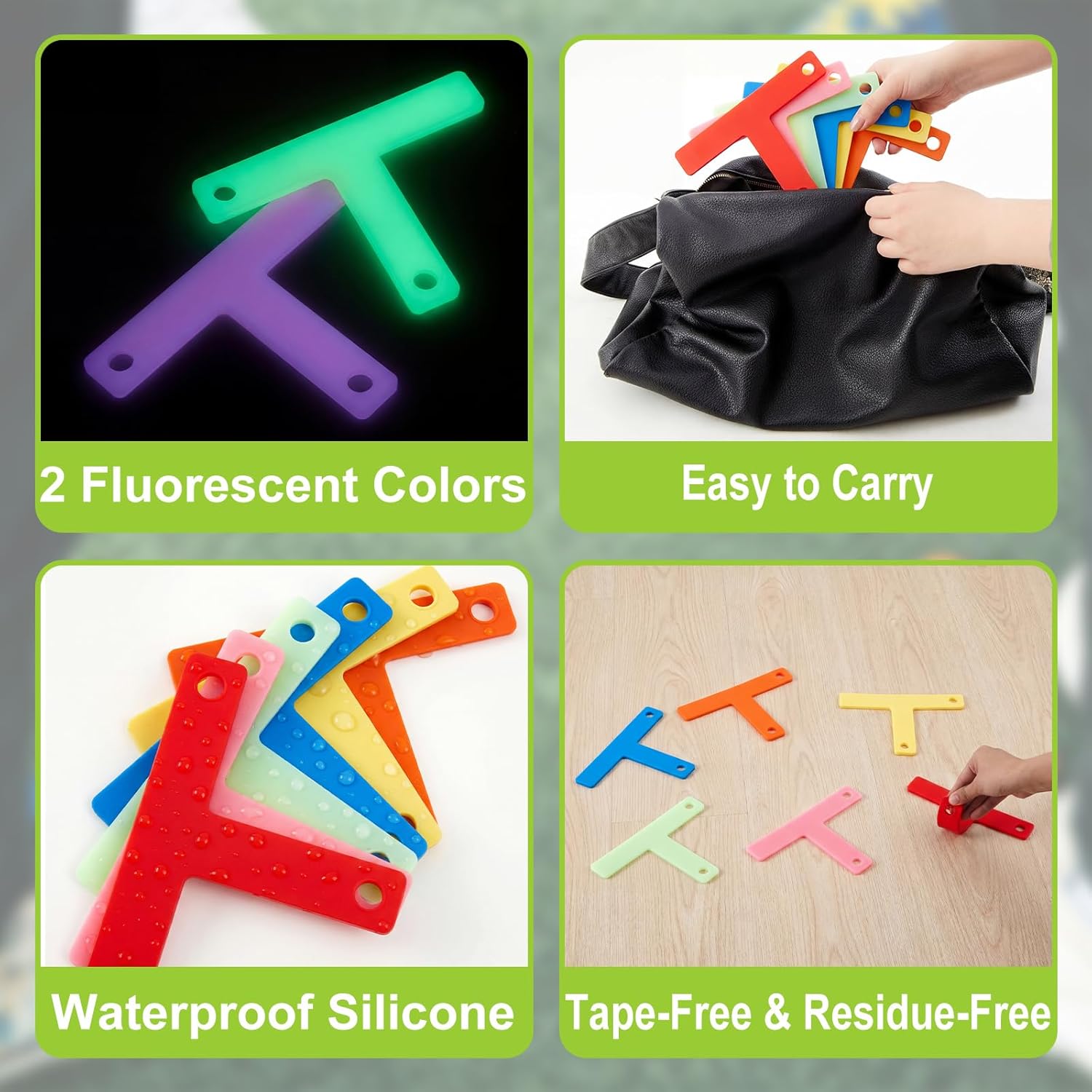 Affrolling 6 Colors High Visibility Silicone T Marks Set for Actor Stage Walk, Camera T Marker, Including 2 Fluorescent, Non Slip for Photography Positioning Stage Catwalk Shooting (T Shape)