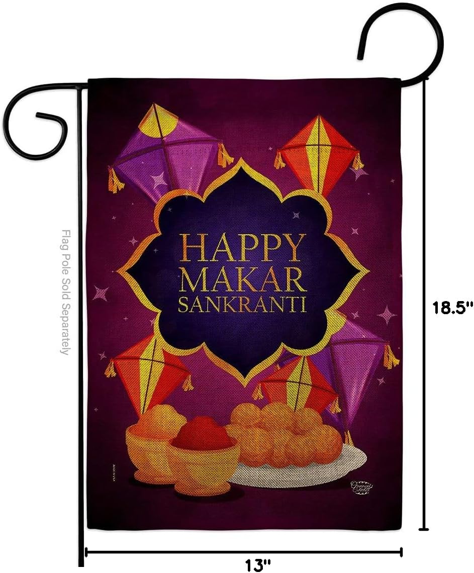 Happy Makar Sankranti Burlap Burlap Garden Flag Celebration Uttarayan Maghi Festival Day Kite Flying Bonfires Small Decorative Gift Yard House Banner Double-Sided Made In USA 13 X 18.5