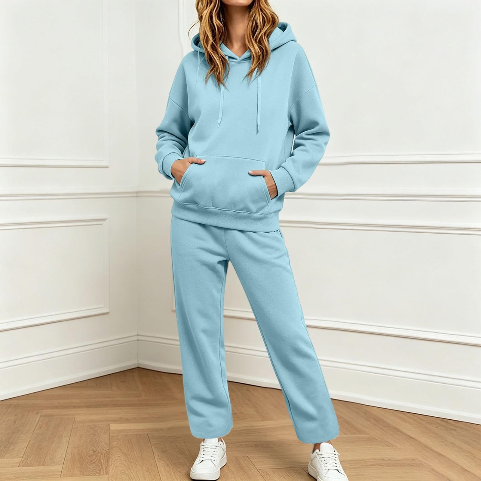 Tuta da jogging da donna, tinta unita, 2 pezzi, felpa con cappuccio e gamba dritta, tuta sportiva, per il tempo libero, comoda tuta da fitness, casual, a maniche lunghe
