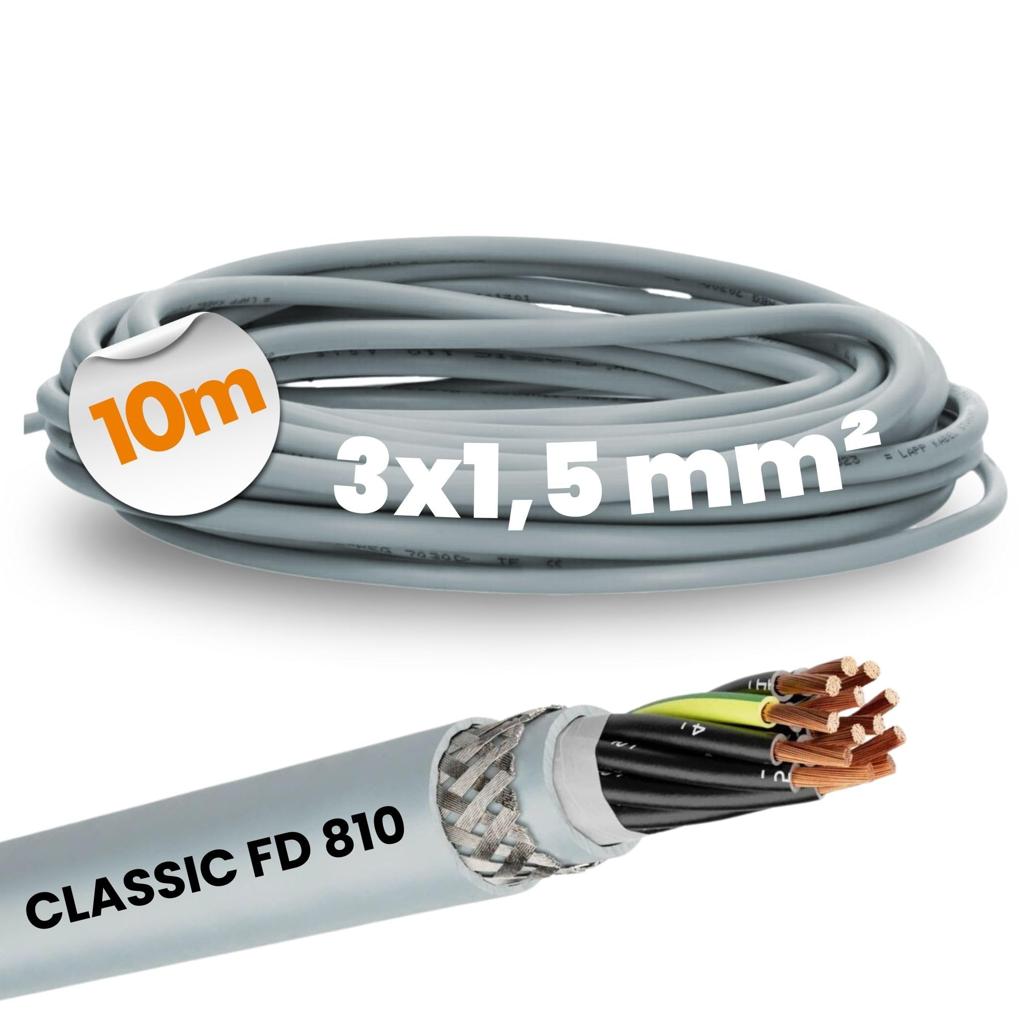 Lapp 0026250 ÖLFLEX CLASSIC FD 810 CY 3G1,5 Cavo di Controllo Schermato | Cavo multipolare in PVC grigio per catene da traino, flessibile, 3 fili x 1,5 mmq, protezione EMC e conduttore di terra