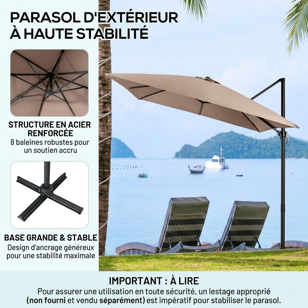 GOPLUS Parasol de Jardin Exterieur, Parasol Déporté 3x3M, avec Toile Inclinable à Double Couche, Manivelle, 8 Baleines, Rotation à 360°, Anti-UV, pour Balcon Terrasse Patio, Café