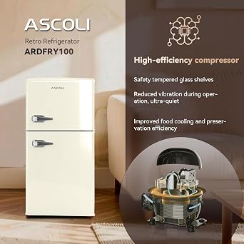 Retro Undercounter Fridge Freezer 48cm Wide 84L Total (59L/25L), 39db Low Noise, Retro Handle, LED Light, Manual Defrost, Adjustable Feet & Thermostat, (White)
