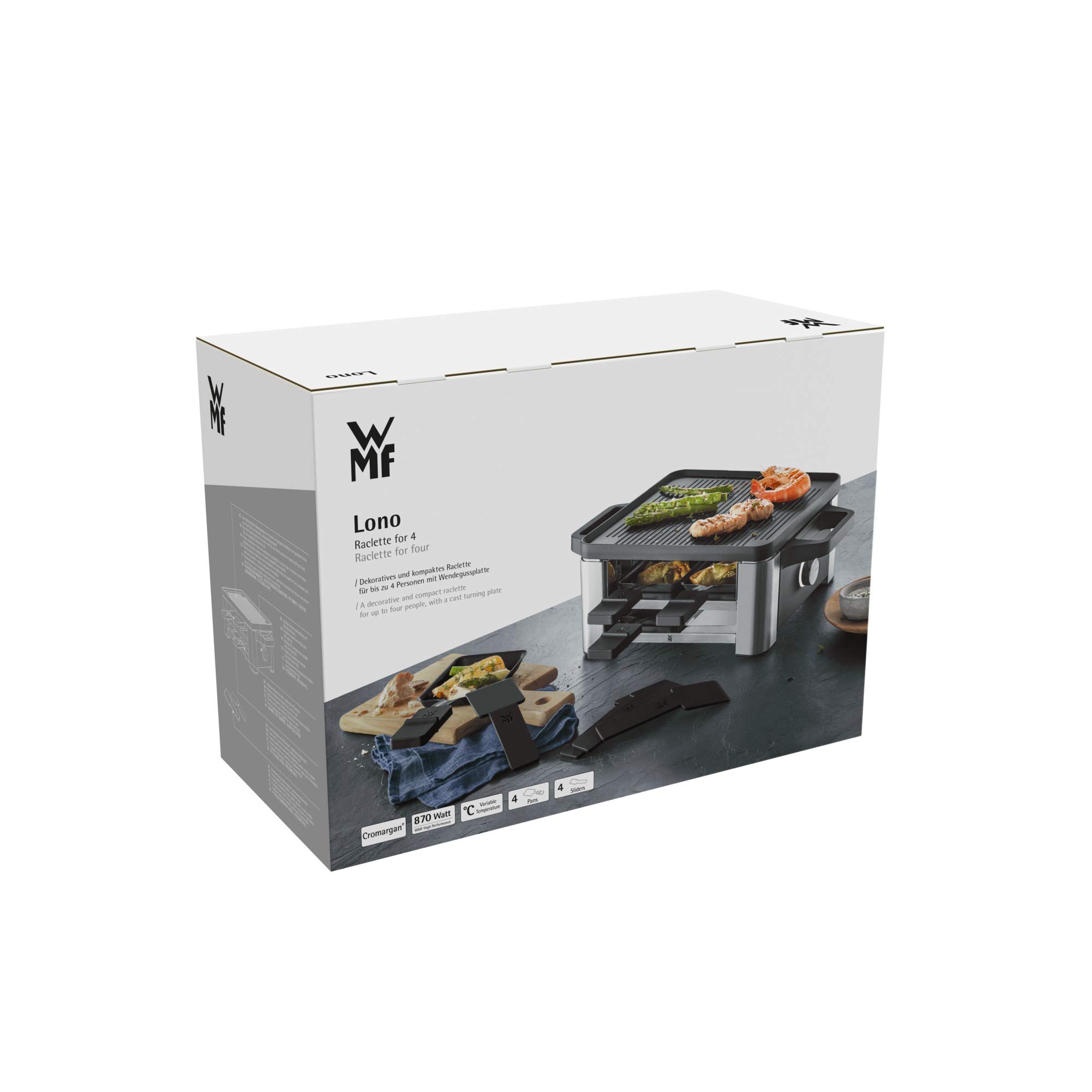 WMF Lono Raclette Grill für 4 Personen Tischgrill Cromargan Edelstahl 870 W antihaftbeschichtete Grillplatte spülmaschinengeeignet