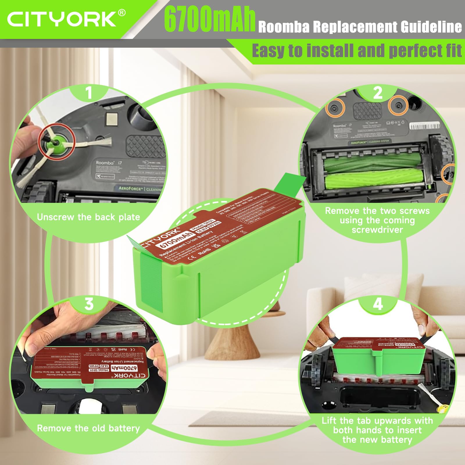 CITYORK 6700mAh Li-ion Batería para iRobot Roomba 980 981 985 960 968 971 976 966 965 900,880 896 895 890 891 800, 690 695 680 676 675 650 630 615 606,780 770 760 776,560 551 500 iRobot Roomba Bateria