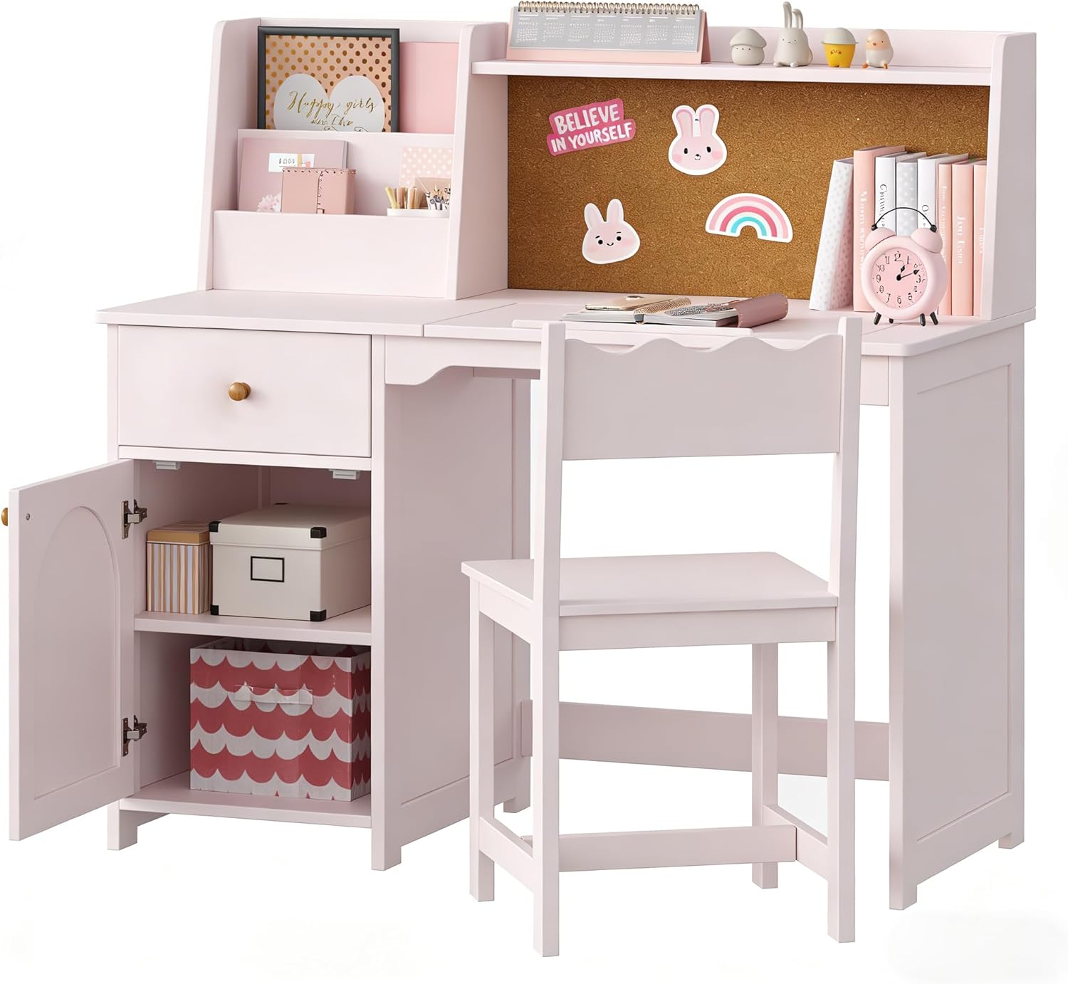 Treocho Kids Study Desk and Chair Set for 8-12 Years Old, Kids Desk with Tiltable Desktop and Hutch, Wooden Children Study Table with Fabric Drawers, Writing Desk for Bedroom and Homeschool, Pink
