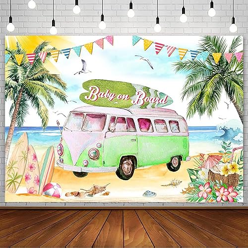 Miniatura 8 de Telón de fondo para baby shower de bebé a bordo de 7 x 5 pies para niña, verano, tropical, floral, mar, playa, baby shower, fotografía, fondo, surf,