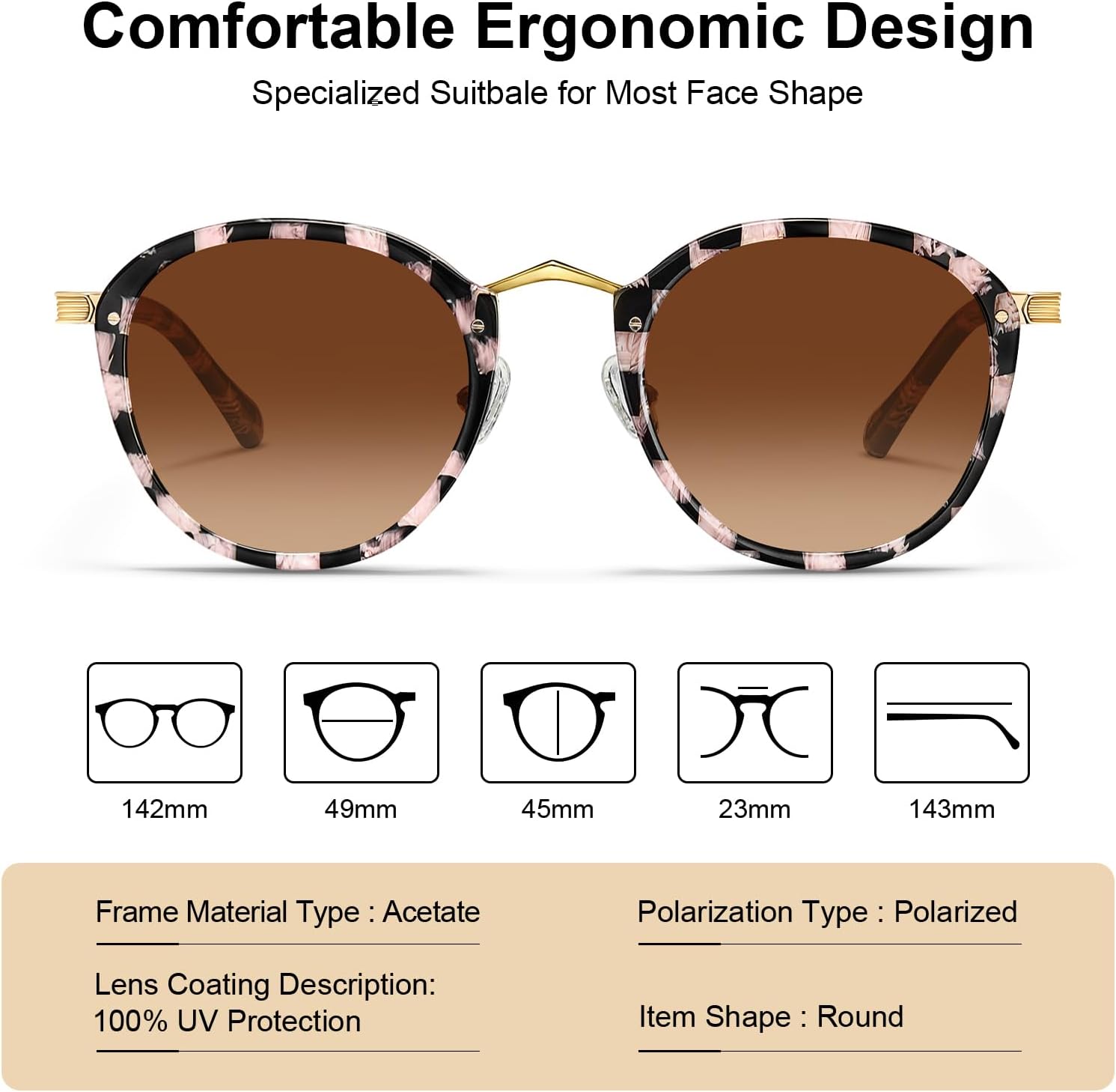 CARFIA Acetate Metal Bridge Sunglasses for Women Polarized UV Protection, Retro Fashion Ladies Sunnies Round Shades Eyewears - Image 5