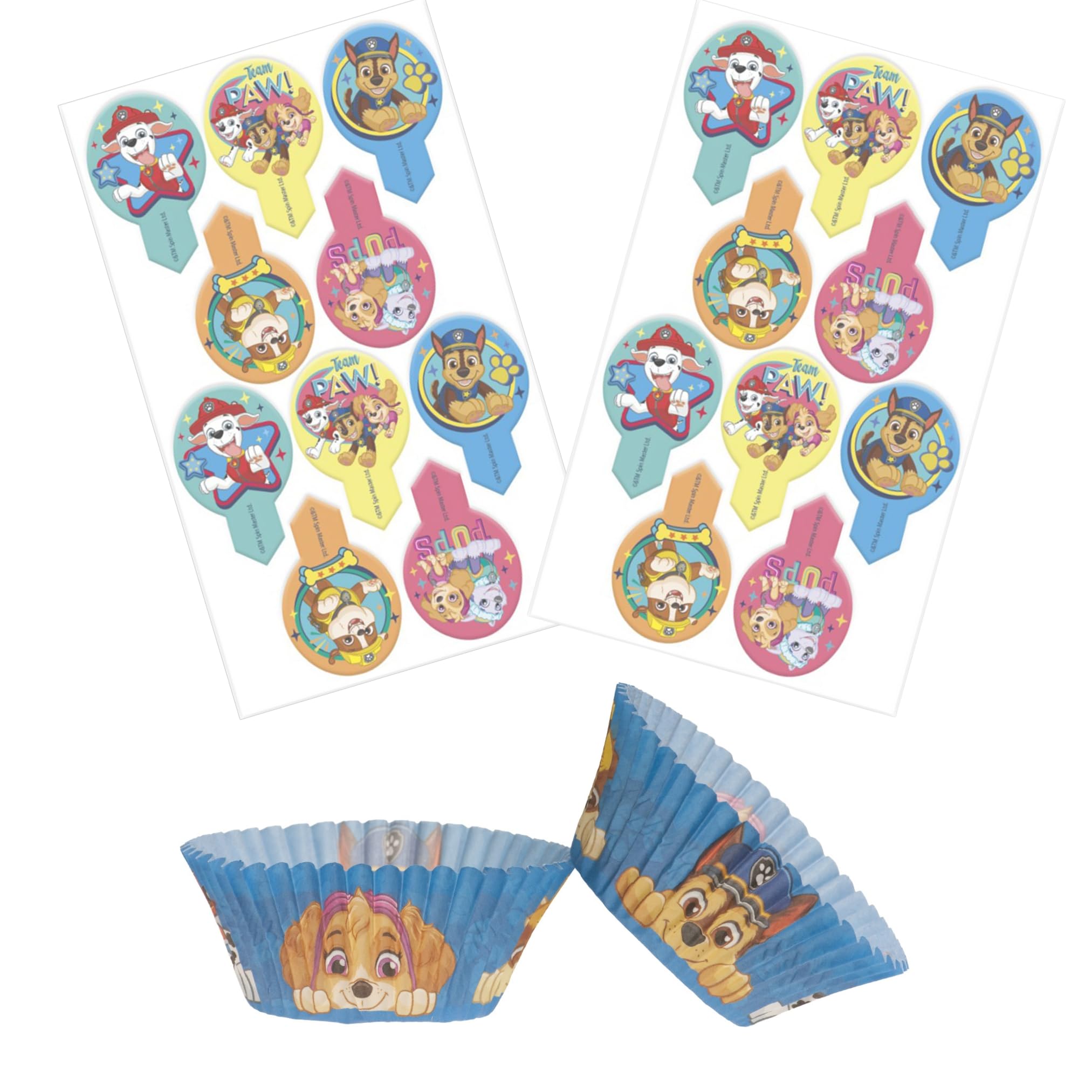 Paw Patrol Set 20x Essbare Einstecker Pins + 25x Muffinschalen Tortendeko Kindergeburtstag Deko Muffin Cupcakeförmchen