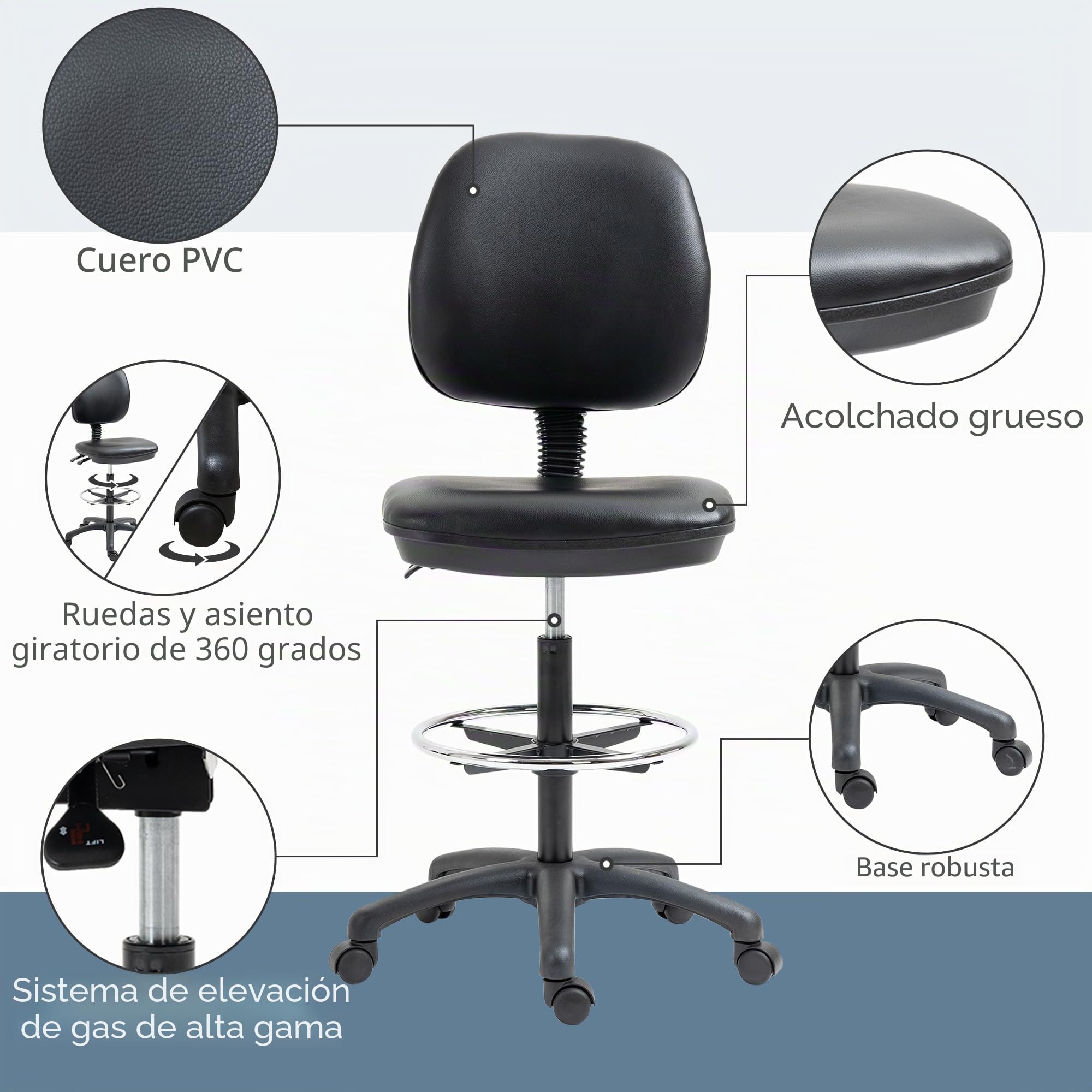Vinsetto - Taburete giratorio ajustable en altura de 69-91 cm, respaldo reclinable y reposapiés ajustable