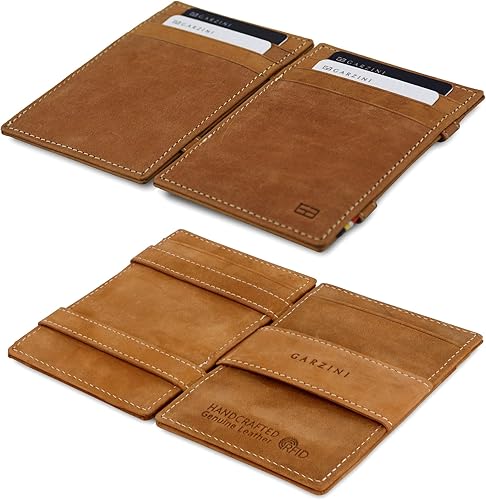 Garzini Cartera mágica para hombre cartera minimalista con tarjetero RFID cartera de cuero para 10 tarjetas 03 Marrón Camel Minimalista