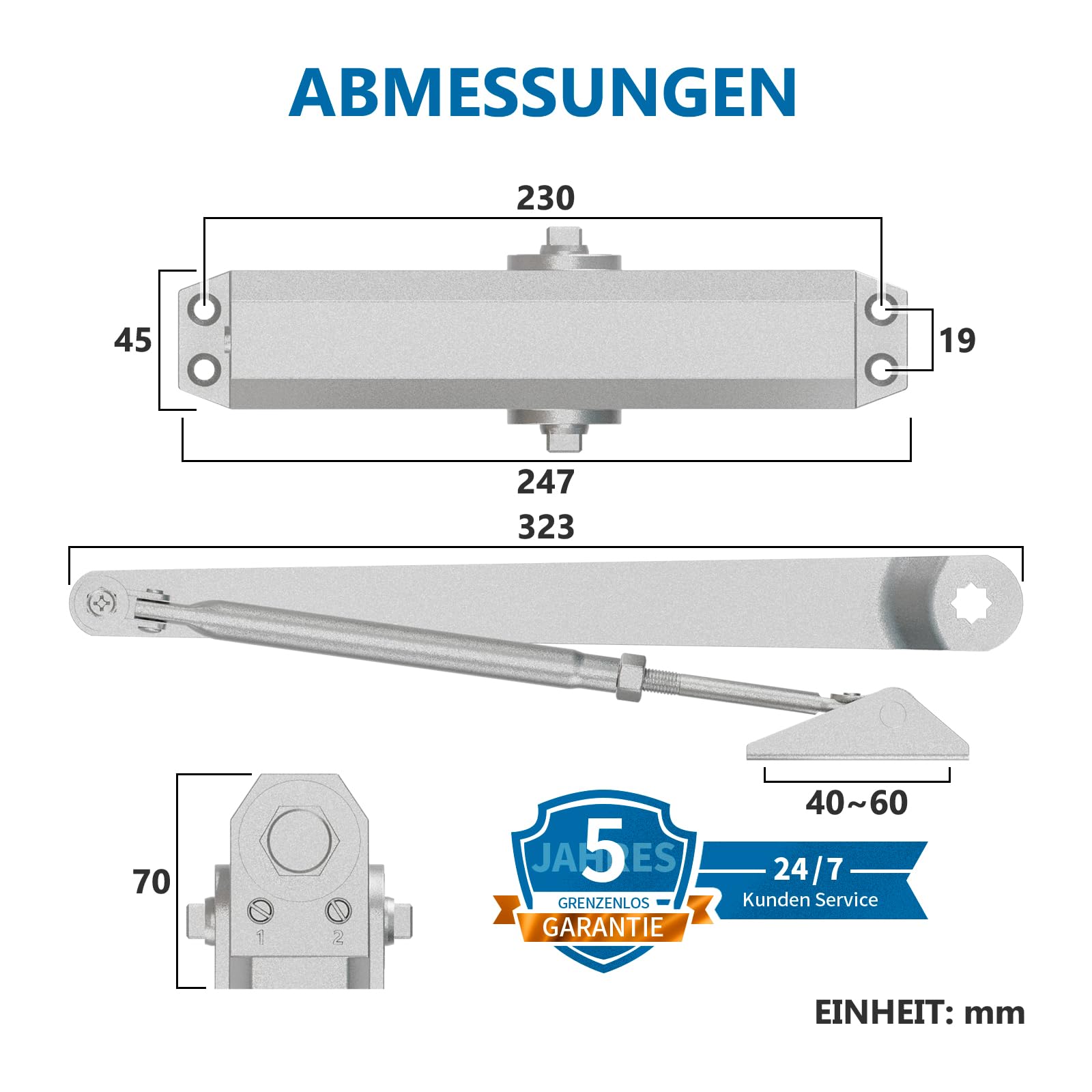 Hydraulischer Obentürschließer Automatischer EN1-EN6, 3H Brandschutz