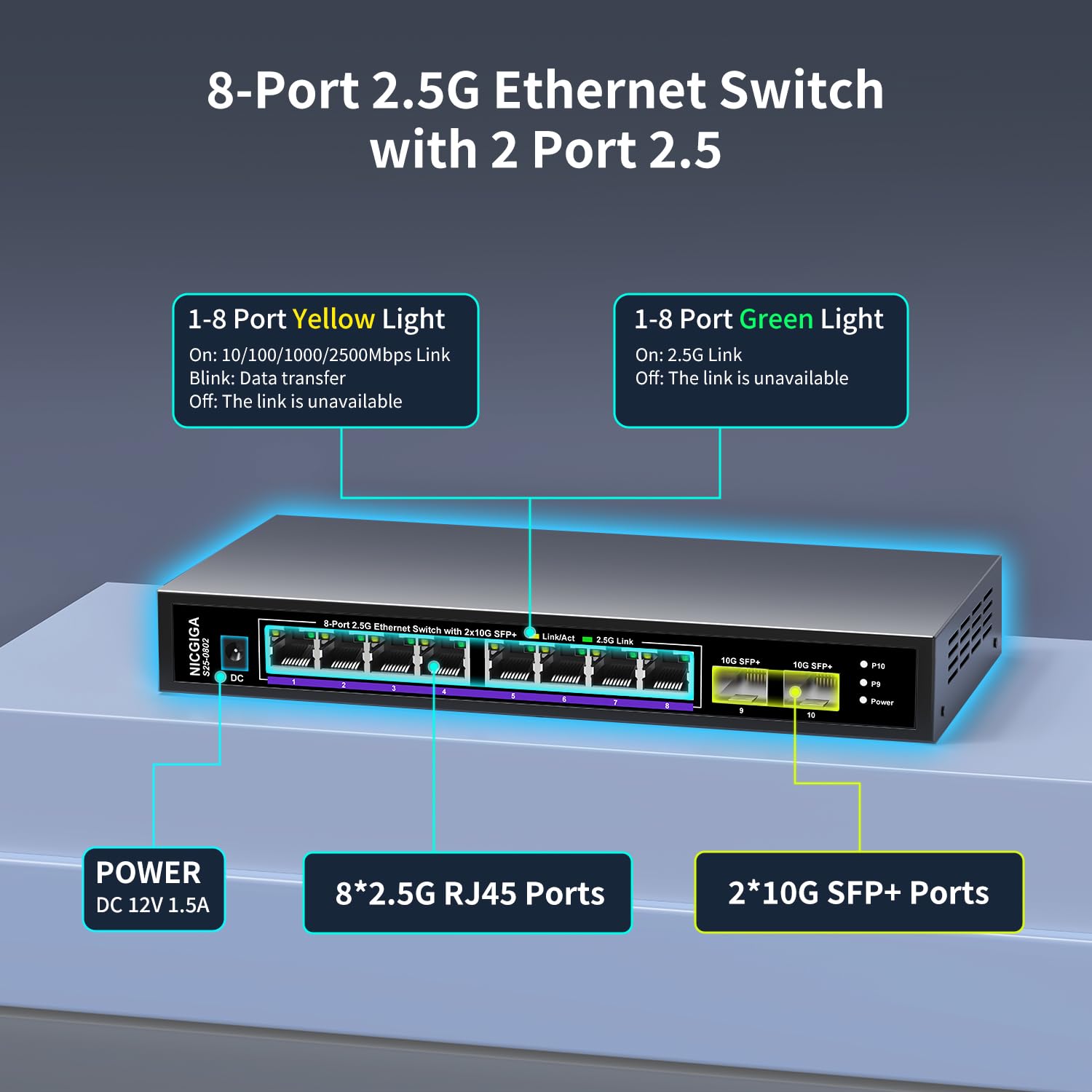 10 Port 2.5Gb Unmanaged Ethernet Switch mit 8* 2.5G Base-T Ports + 2* 10G SFP+ Ports. NICGIGA 8 Port 2.5Gbps Netzwerk-Switch für 2.5Gbps NAS/PC, WiFi6-Router, Wireless AP. Lüfterloses Design