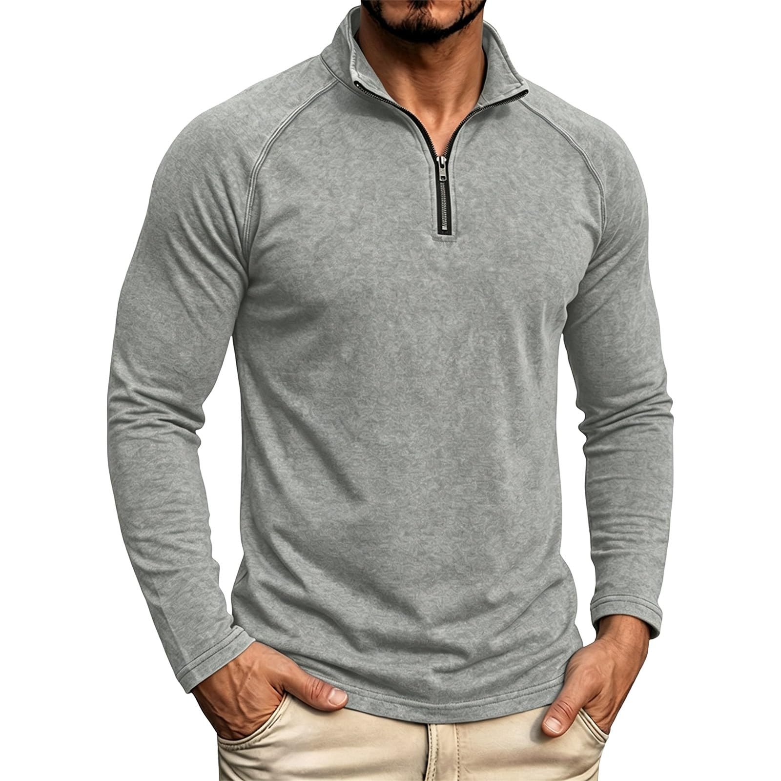 Herren-Poloshirt, langärmlig, mit 1/4-Reißverschluss, Helles Asche, XL