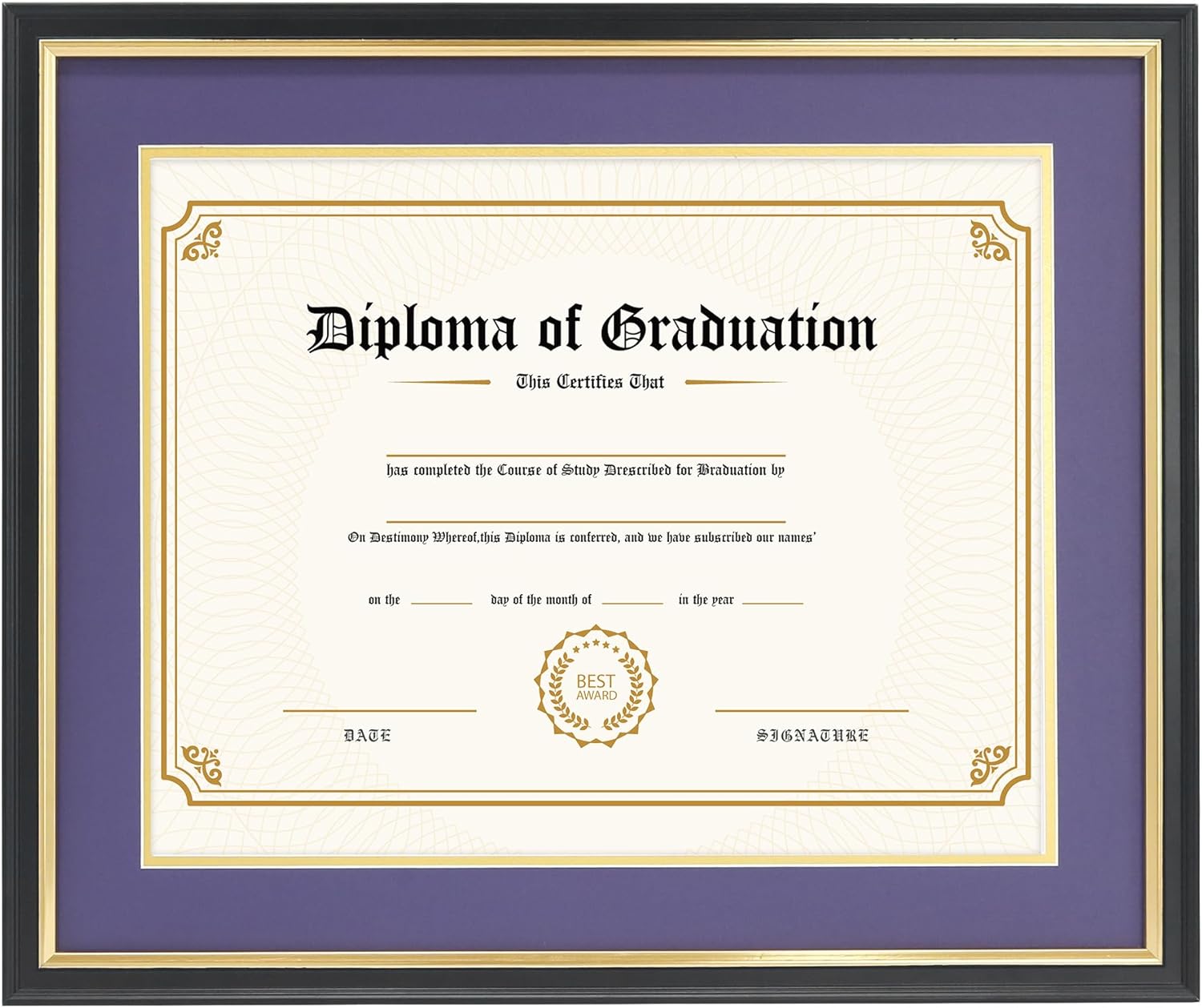 11x14 Diploma Frame with Purple over Gold Mat, 14x17 Certificate Frame, Real Wood with Gold Trim, Black Frame with Arcylic Purple over Gold 1