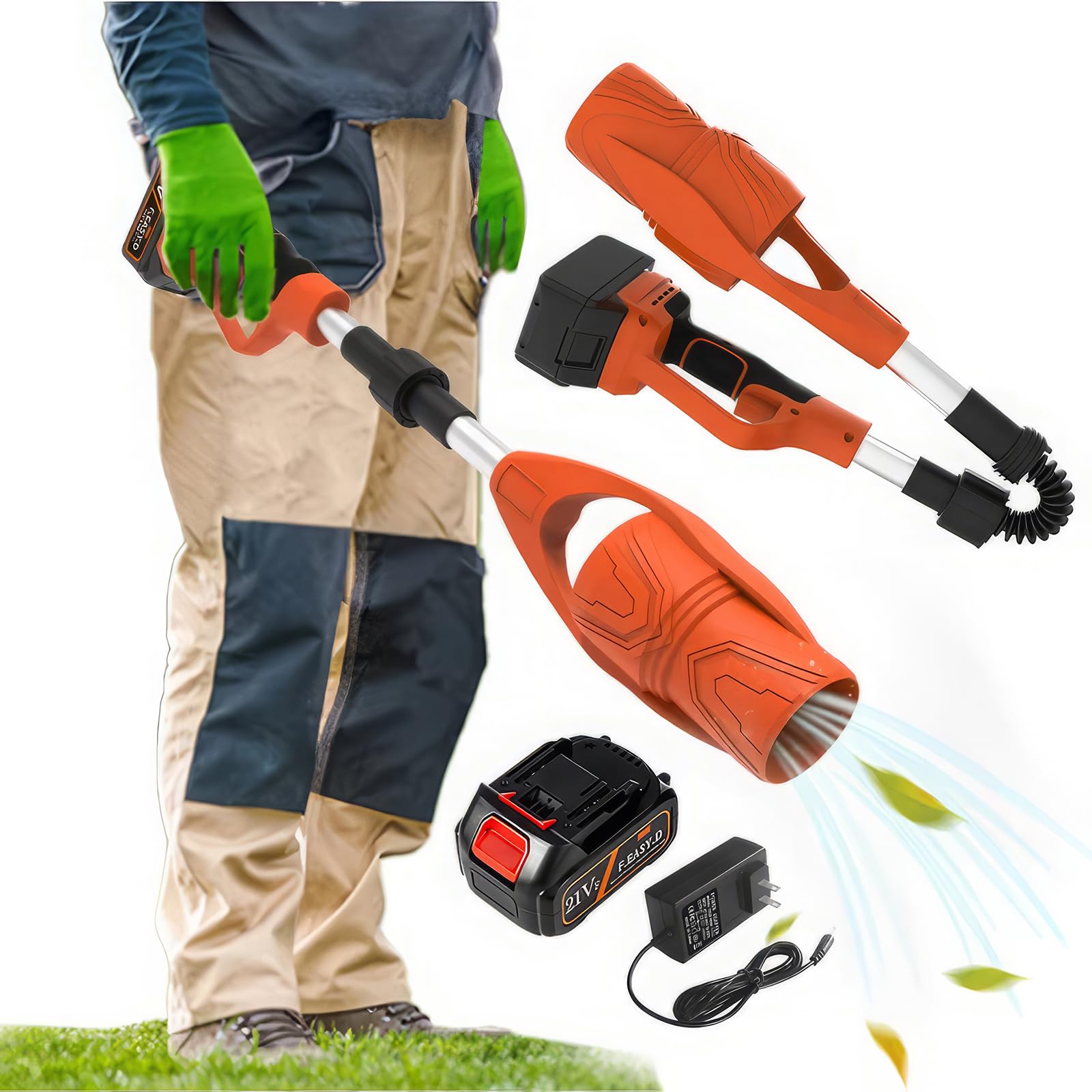 Soplador de hojas inalámbrico, soplador eléctrico sin escobillas de 21 V con batería de 3000 mAh y cargador, potencia de 63 m/s para soplar hojas, polvo, nieve y escombros