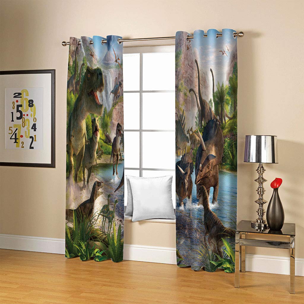 3D Dinosaures Animaux Rideau Occultant À Oeillets, 234x230 Cm Lot De 2 Décoration Rideaux Isolant Thermique Anti Froid Et Chaleur 100%, Chambre Fenetre Et Salon, pour Maison